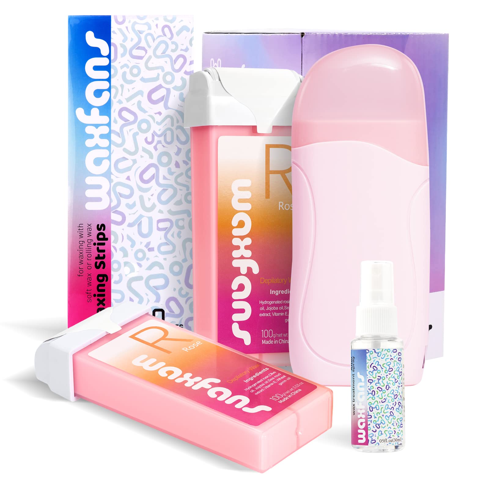 Premium Roll-On Waxing Kit for Hair Removal - Home Wax Kit for Women & Men with 50 Wax Strips & 2 Cartridges (Rose Scent) - Perfect for Legs, Arms, Bikini & Body Waxing at Home