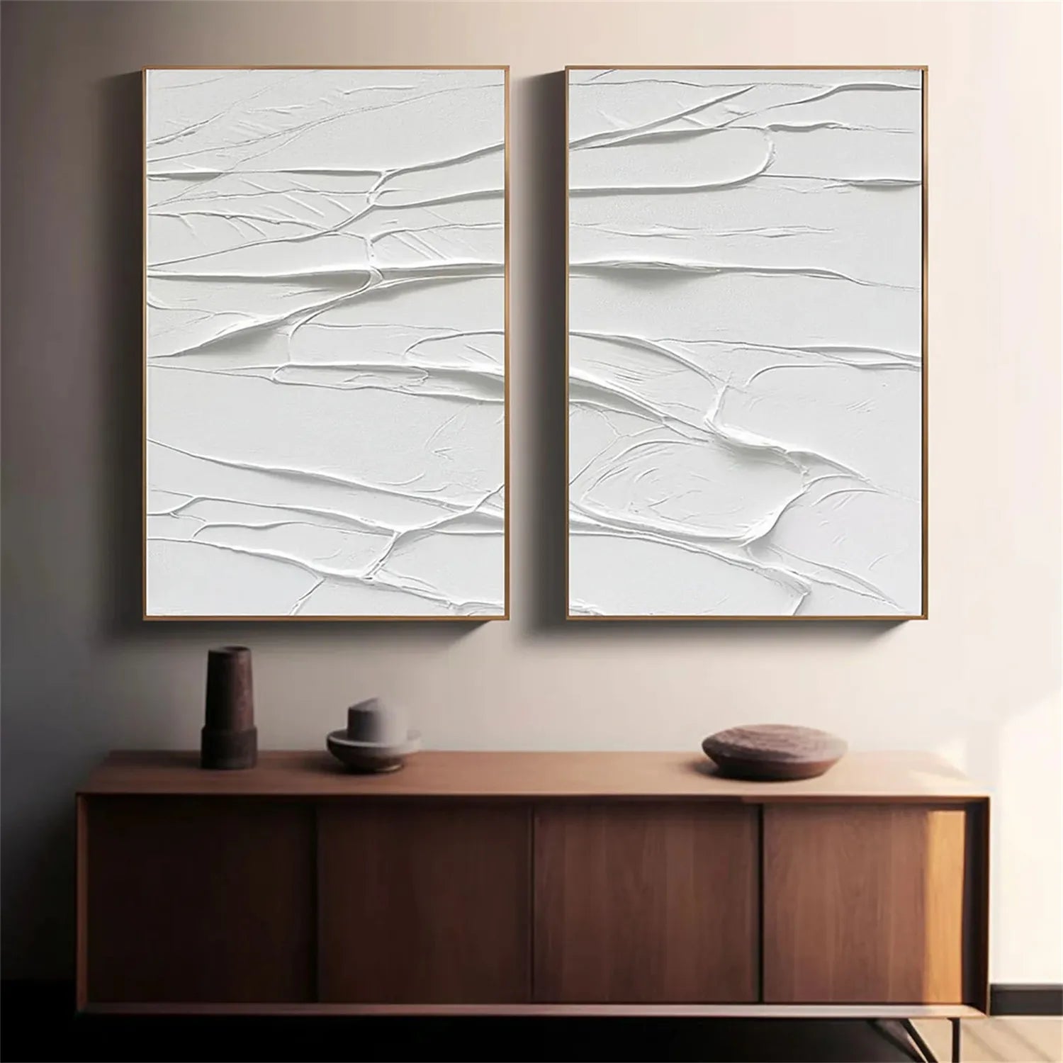 White Minimalist Textured Paintings Canvas Set of 2 - Modern Abstract Wall Art for Living Room & Bedroom Decor #MM273