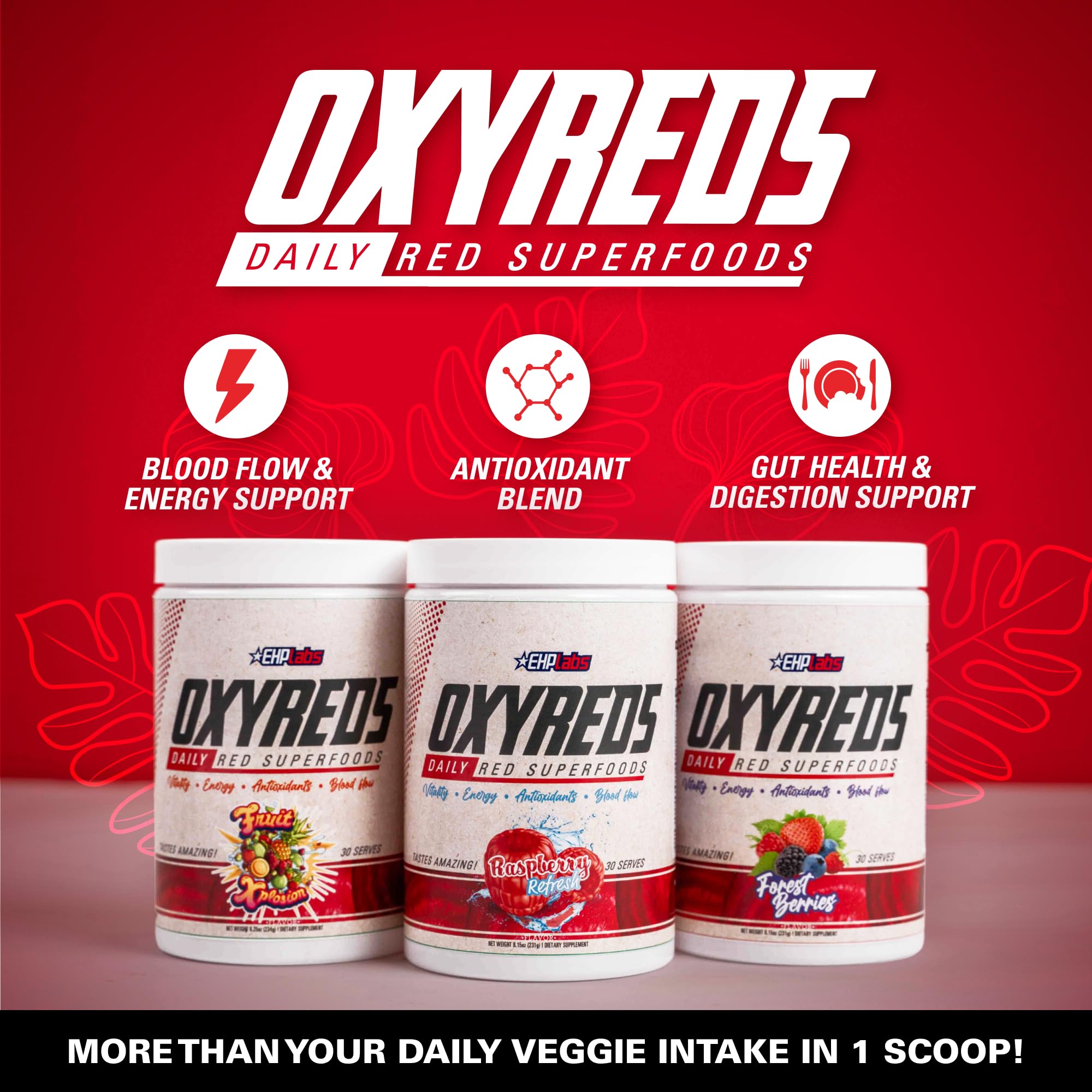 EHP Labs OxyReds Superfood Beets Powder - Nitric Oxide Booster, Organic Beet Root Powder for Immune Support & Digestive Health, Prebiotic Supplement with Fruit Xplosion Flavor, 30 Servings - Perfect for Smoothies, Energy Drinks & Post-Workout Recovery