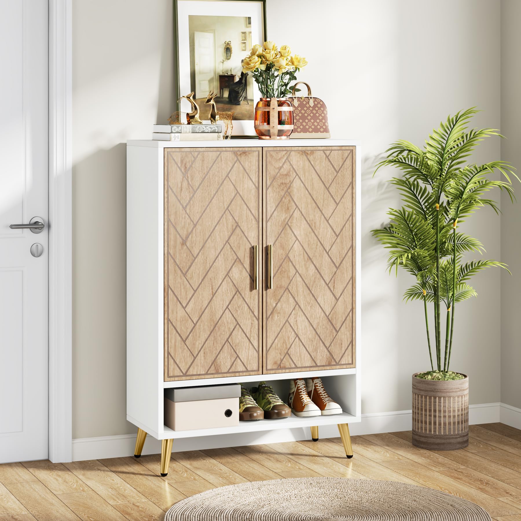 Tribesigns 6-Tier Shoe Storage Cabinet with Doors - Holds 24 Pairs, Adjustable Shelves Wooden Entryway Organizer for Shoes - White & Brown | Perfect for Living Room, Bedroom & Entryway Organization
