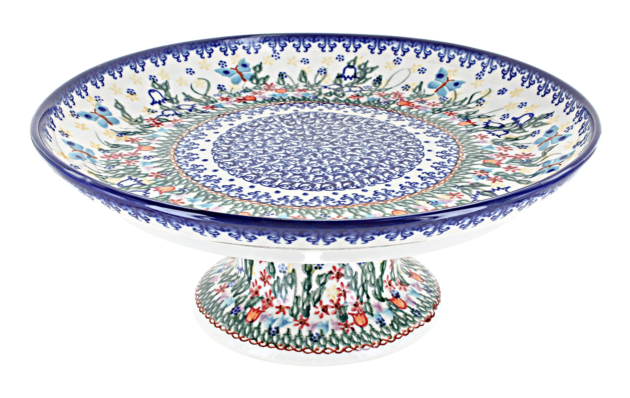 Handmade Blue Rose Polish Pottery Cake Plate - Garden of Eden Design - Elegant Serving Dish for Desserts, Cakes, and Pastries - Perfect for Tea Parties, Weddings, and Special Occasions