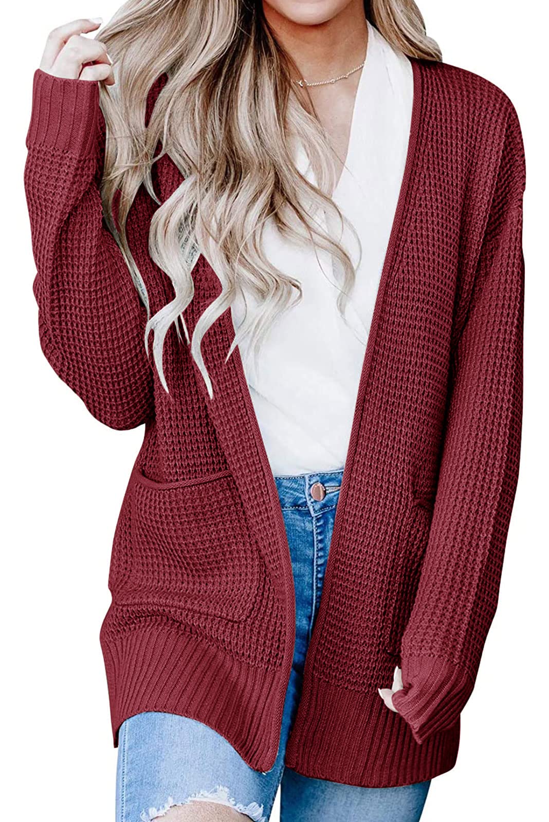 MEROKEETY Women's Long Sleeve Waffle Knit Cardigan - Open Front Side Slit Sweater for Fall & Winter | Cozy Casual Outfit for Work, Date Night, and Layering