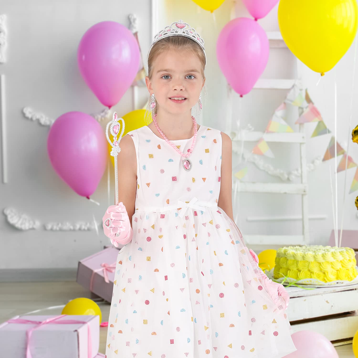 Royal Princess Dress Up Party Set - Gloves, Tiara, Magic Wand, Necklace, Earrings, Bracelet & Ring (9-Piece Pink Costume Accessories Kit) | Perfect for Birthday Parties, Halloween, Dress-Up Play & Themed Events