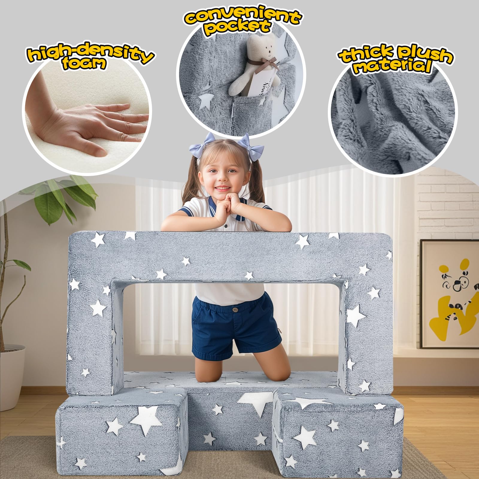 MeMoreCool Modular Kids Play Couch Sofa with Glow in The Dark Stars - Foldable Toddler Couch for Playroom, Nursery & Bedroom - Soft Grey Children's Furniture for Reading, Playtime & Relaxation