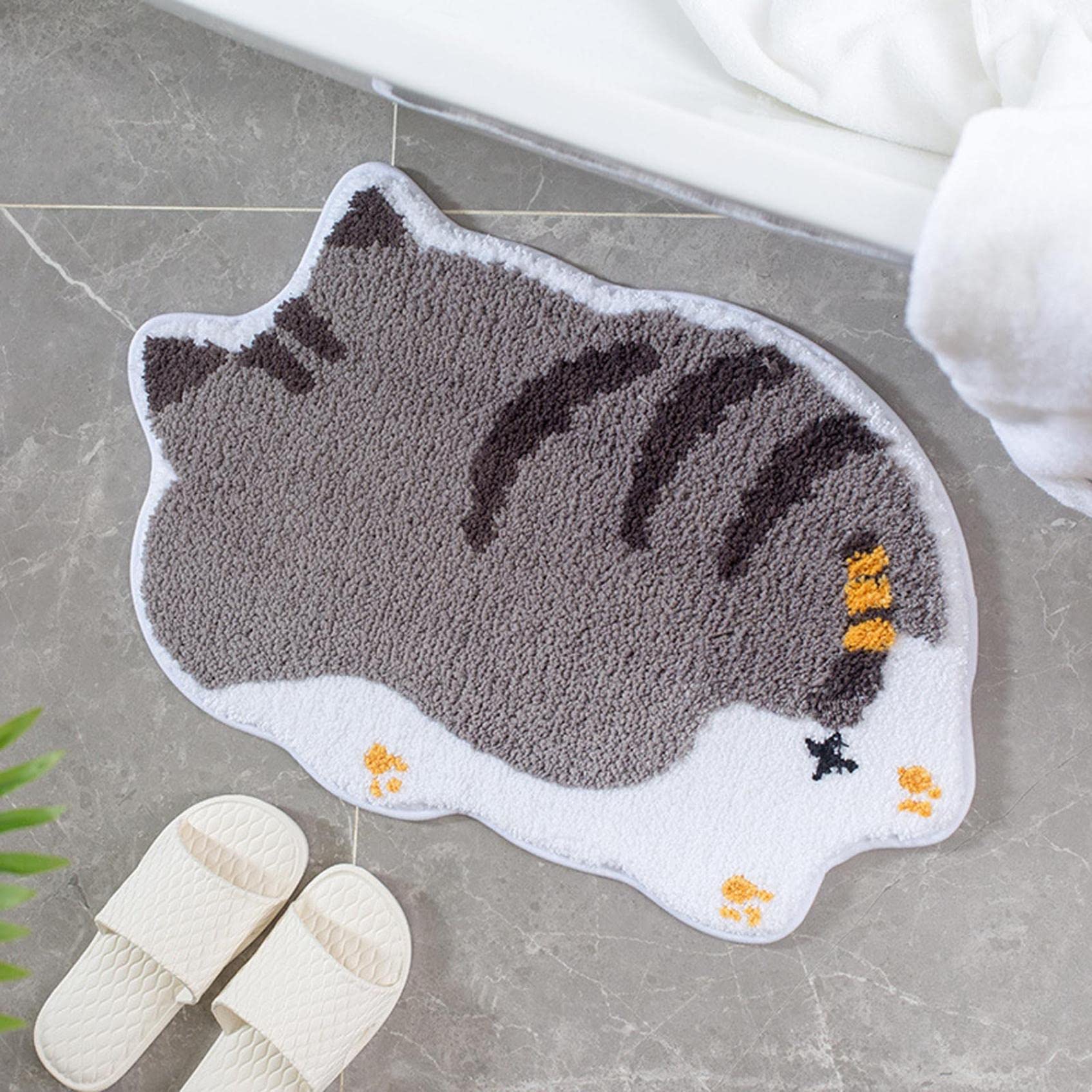 Soft Non-Slip Cartoon Animal Bath Mat - Absorbent Washable Shower Rug with Cute Cat Design, Gray Bathroom Floor Mat for Kids & Adults - Perfect for Bathroom, Shower, and Home Decor
