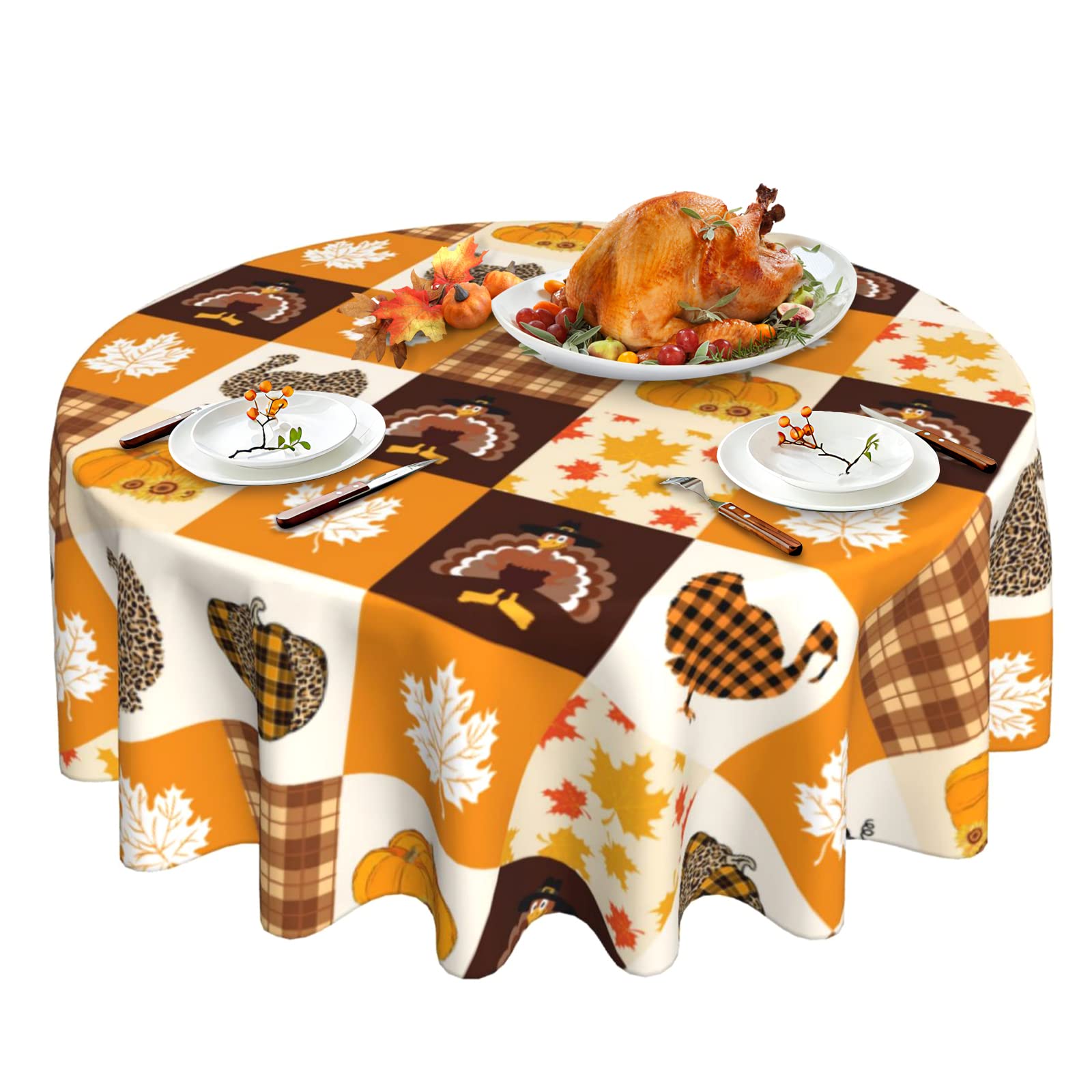 Thanksgiving Tablecloth 60 Inch Round - Fall Leaf Pumpkin Turkey Design, Autumn Buffalo Plaid Polyester Table Cover for Rustic Farmhouse Kitchen Decor | Holiday Dining, Outdoor Gatherings & Wipeable Easy-Clean Fabric