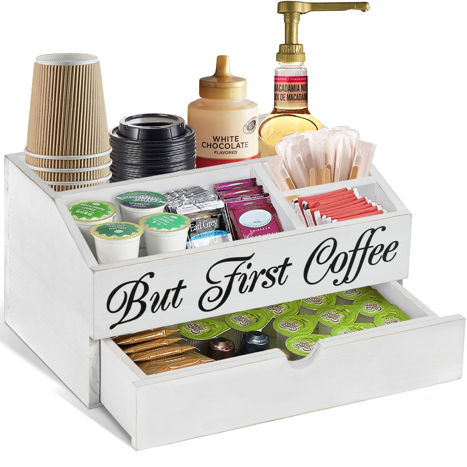 Wooden Coffee Station Organizer with Drawer - K-Cup Pod Holder, Tea Bag & Condiment Storage - Countertop Bar Accessories for Coffee Lovers - Perfect for Kitchen, Office & Home Decor Gift