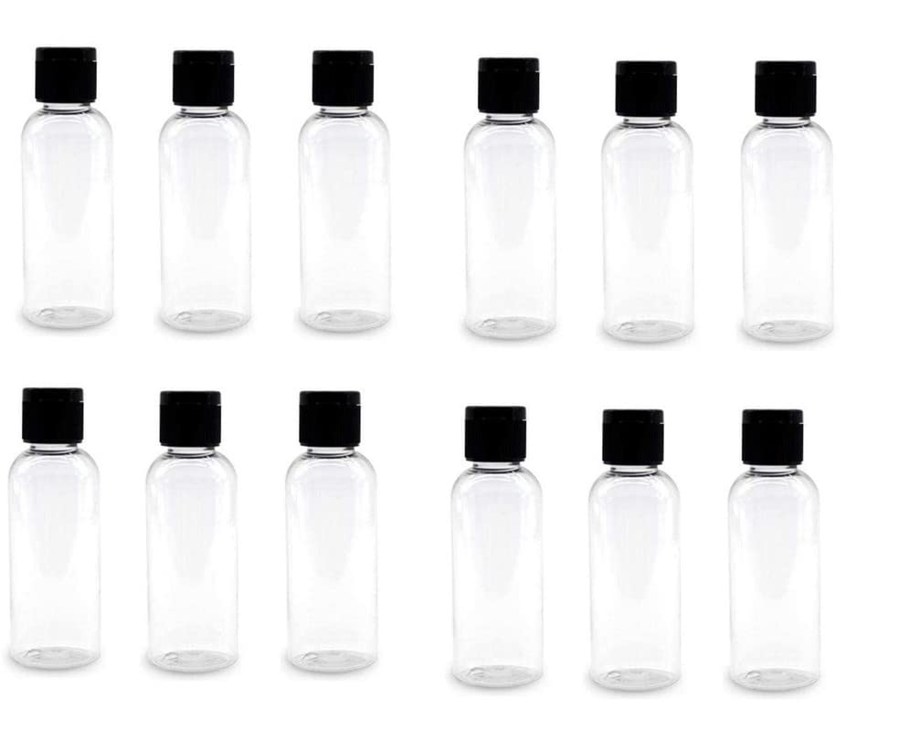 12 Pack 50ml Clear Refillable Travel Size Plastic Bottles - Leak Proof Squeeze Cosmetic Containers with Black Flip Cap for Toiletries, Shampoo, Lotion, Essential Oils - Perfect for Travel, Gym, Home & DIY Projects