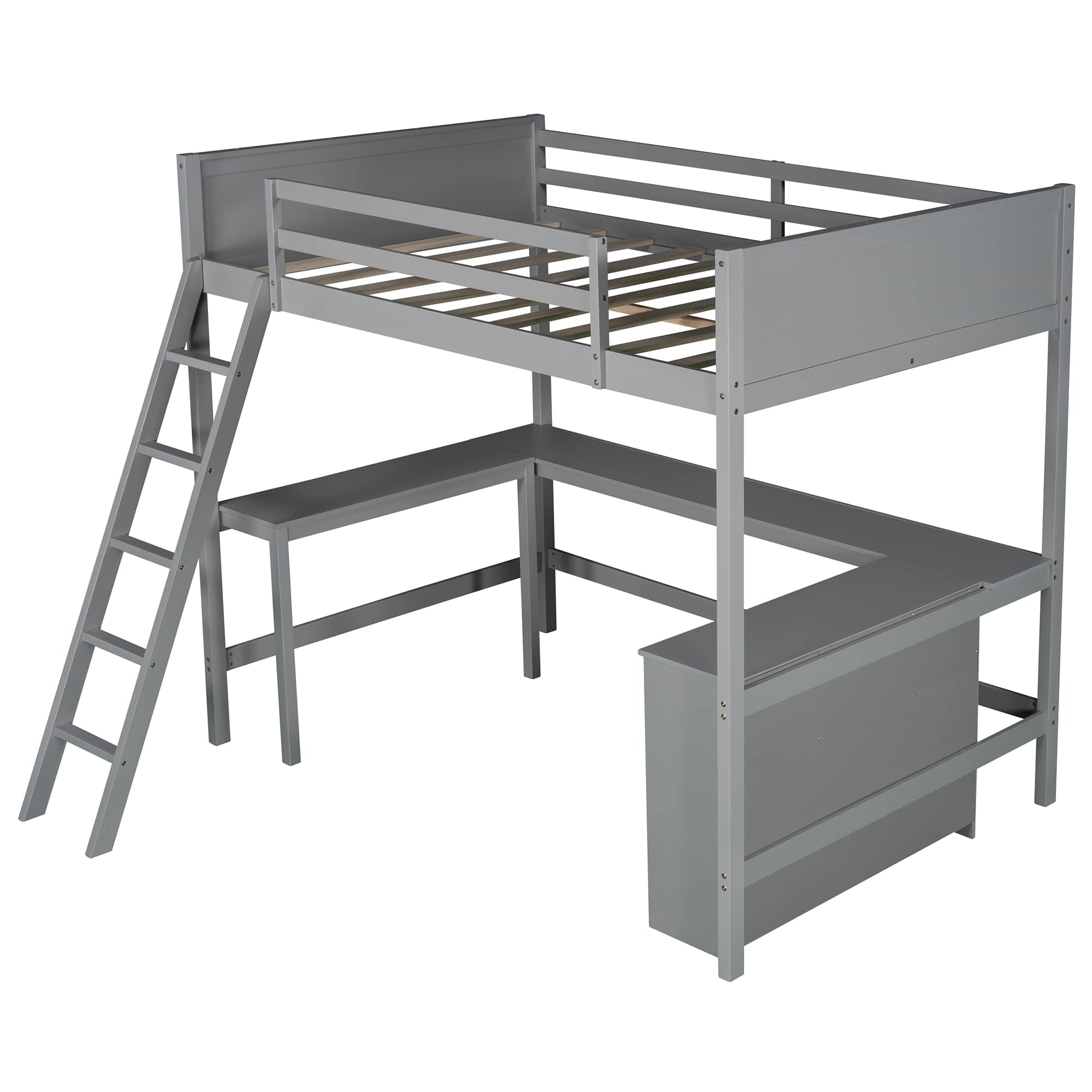 Full Size Loft Bed with Built-in Desk & Storage Shelves - Sturdy Wooden Bunk Bed with Safety Guardrails & Angle Ladders for Kids & Teens - No Box Spring Needed (Gray) - Perfect for Small Bedrooms, Dorm Rooms & Space-Saving Kids' Rooms