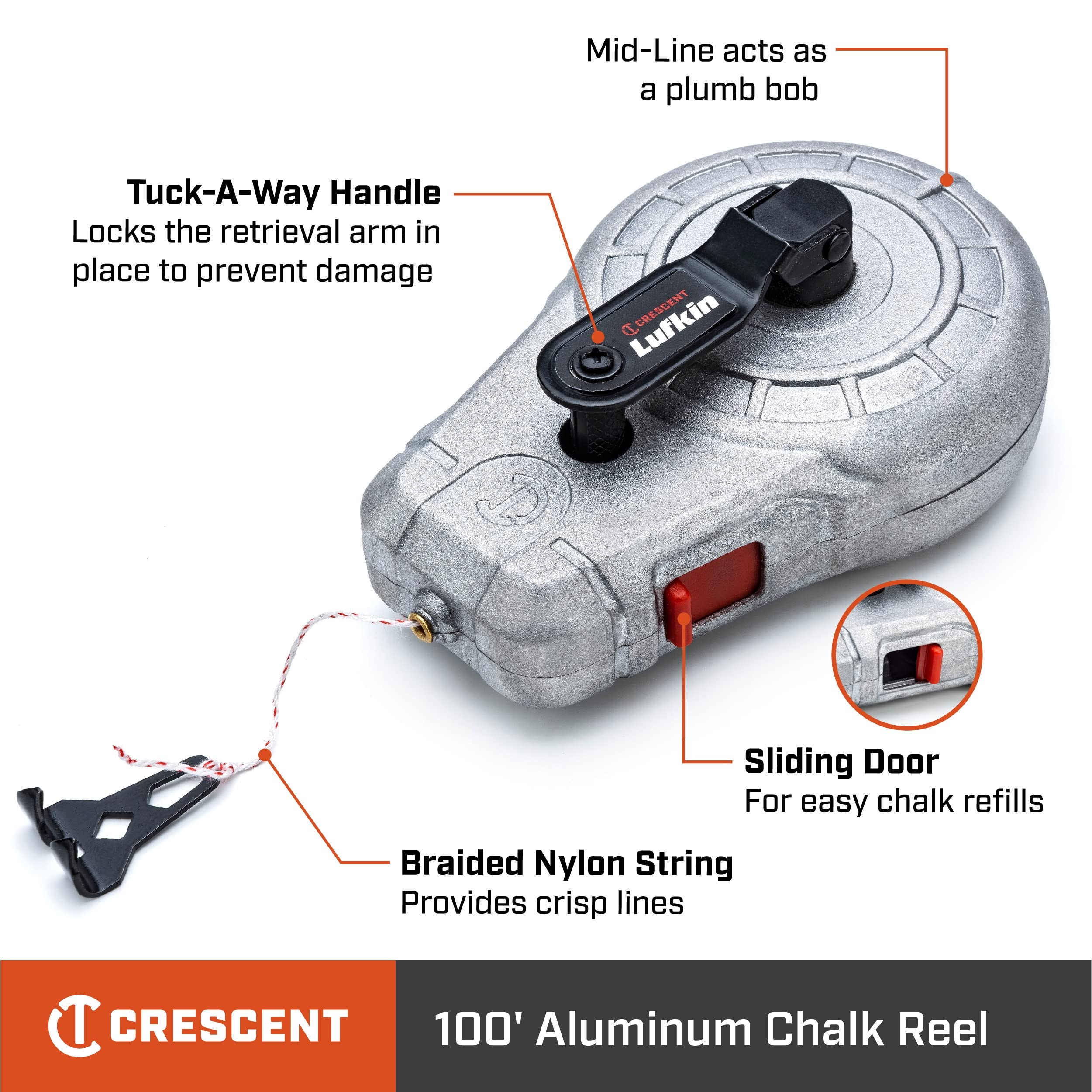Crescent Lufkin 100-Foot Aluminum Chalk Reel - CLA100A - Professional Construction Chalk Line Tool for Carpentry, Masonry & DIY Projects