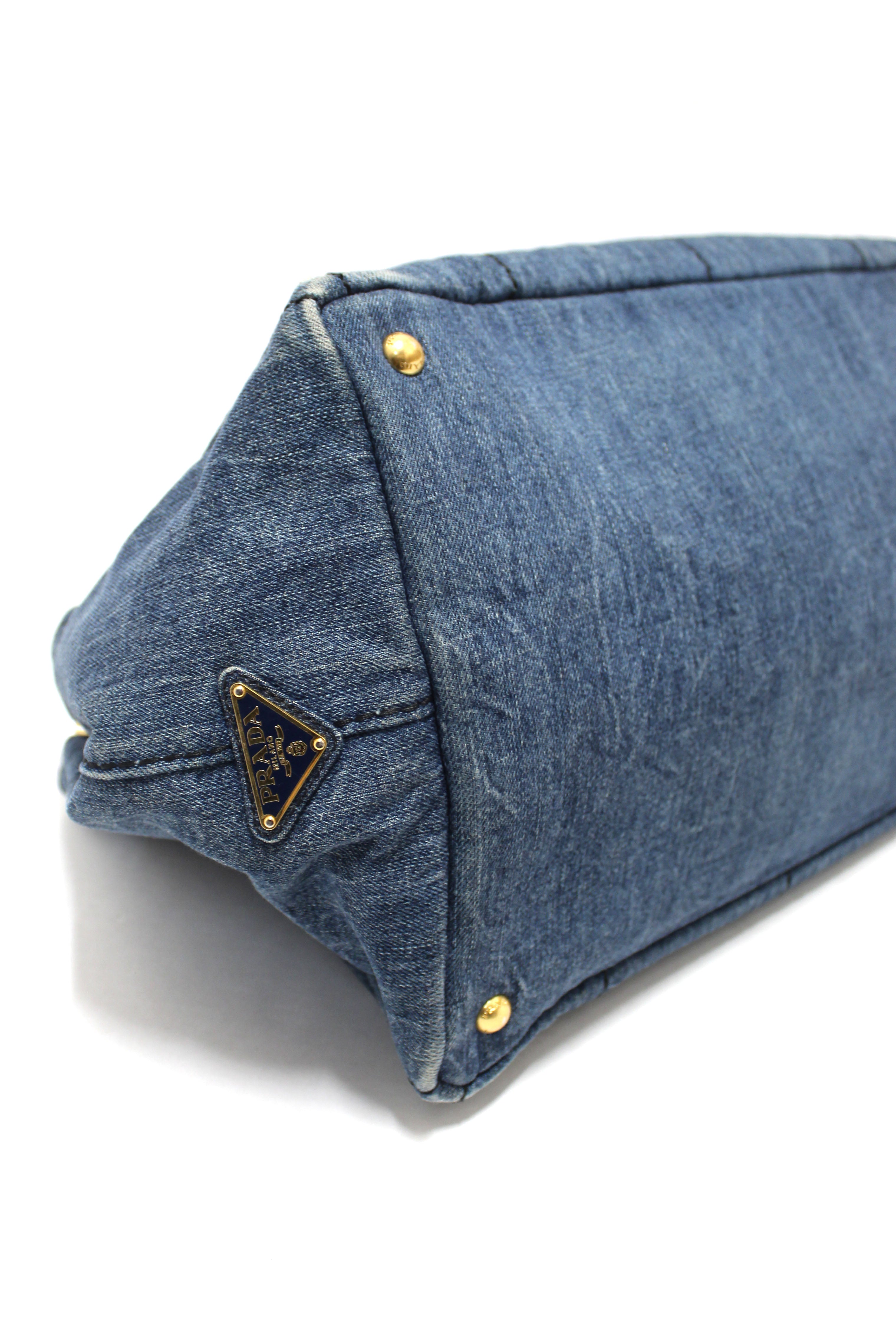 Authentic Prada Blue Large Canapa Denim Tote Handbag for Women - Luxury Designer Shoulder Bag for Work, Travel & Everyday Use