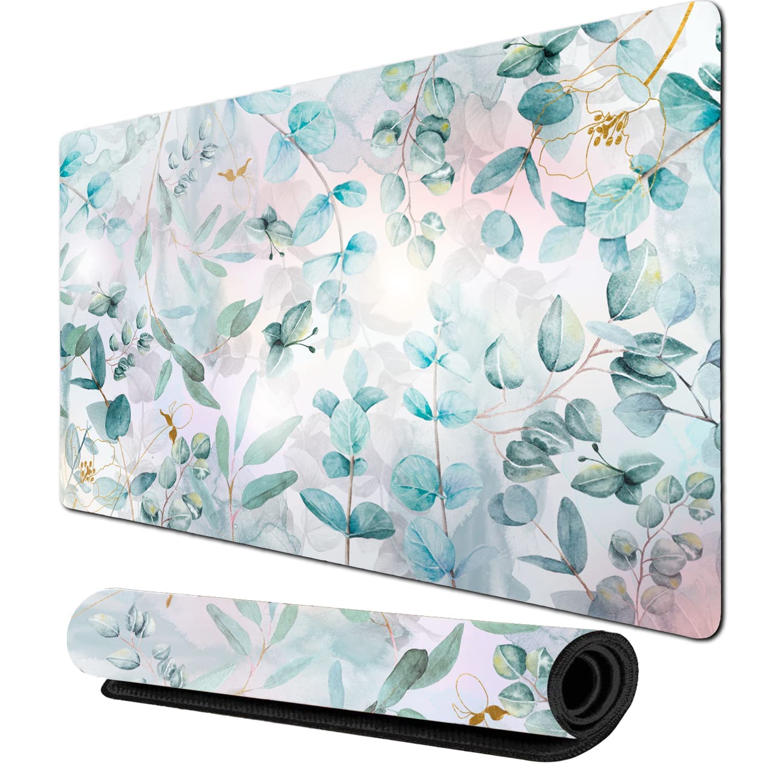 XXL Gaming Mouse Pad - Non-Slip Rubber Base, Waterproof Desk Mat for Work & Gaming | Green Floral Design