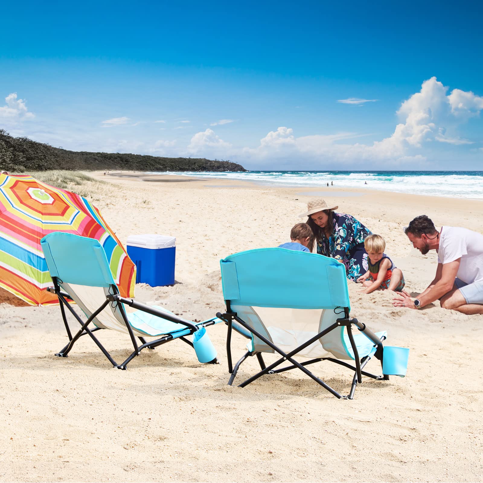 TOBTOS Low Beach Chair for Adults - 2 Pack Heavy Duty Folding Chairs with Cup Holder & Carry Bag - Portable Low Profile Outdoor Chairs for Beach, Camping, Concert, Travel, Picnics and Backyard Relaxation