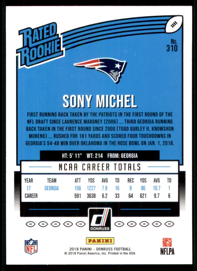 2018 Panini Donruss Base Press Proof Blue #310 Sony Michel Rated Rookie Football Card - Collectible Sports Memorabilia for NFL Fans and Trading Card Enthusiasts