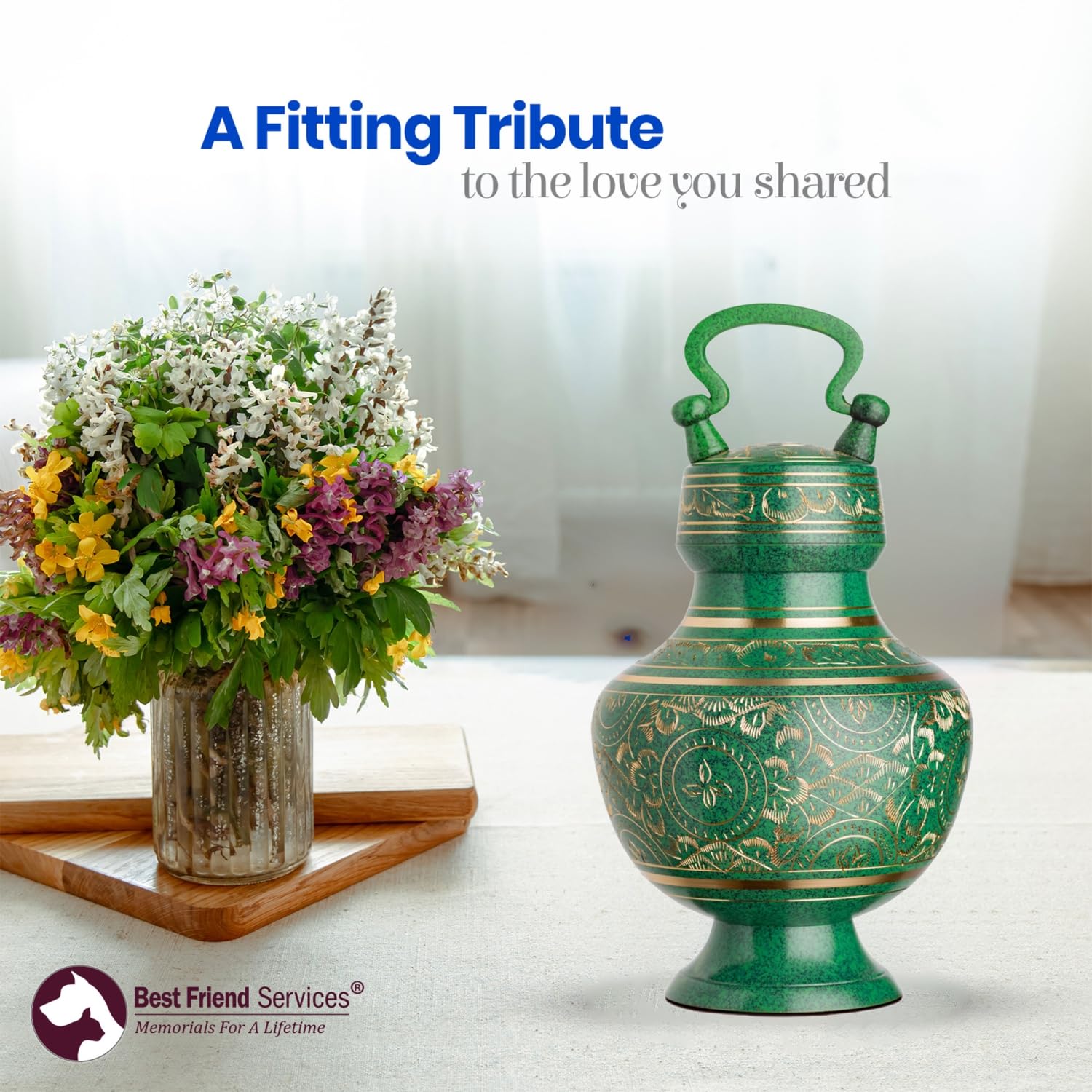 Elinora Hand Carved Brass Pet Urn for Dogs and Cats - Medium Size with Patina Finish, Perfect for Pet Ashes Memorial and Home Display