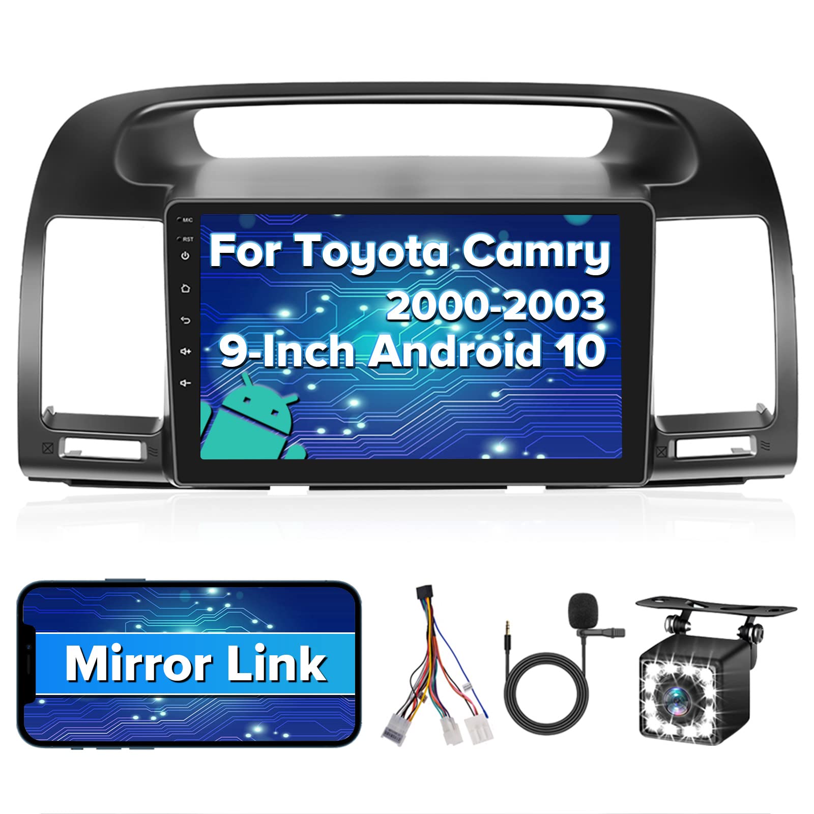 2000-2003 Toyota Camry Android 10 Car Stereo - 9 Inch Touch Screen GPS Navigation Bluetooth Head Unit with WiFi, Backup Camera & FM Radio - Perfect for Upgrading Your Car Audio System on Road Trips & Daily Commutes
