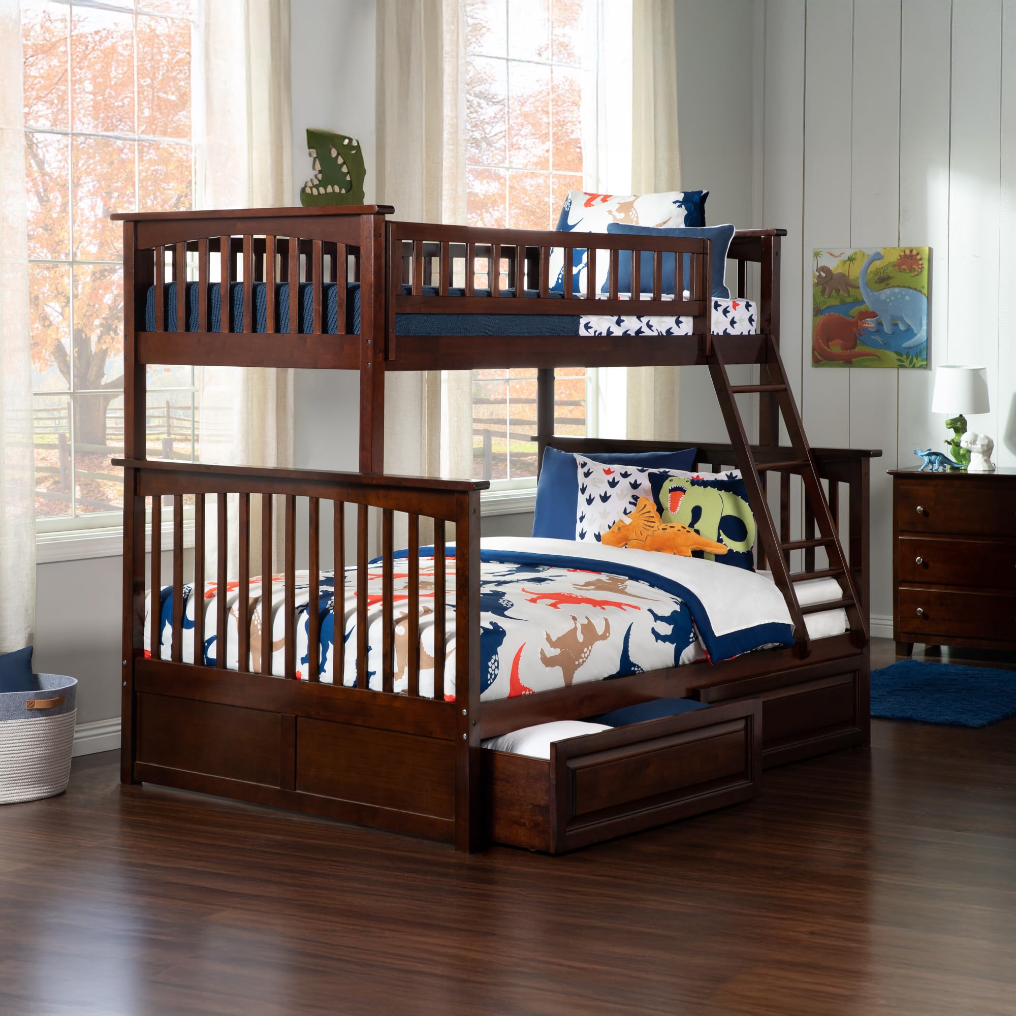 AFI Columbia Twin Over Full Size Bunk Bed with Raised Panel Drawers & USB Charging Station - Solid Walnut Wood for Kids, Teens & Guest Rooms - Space Saving Solution for Small Bedrooms & Vacation Homes