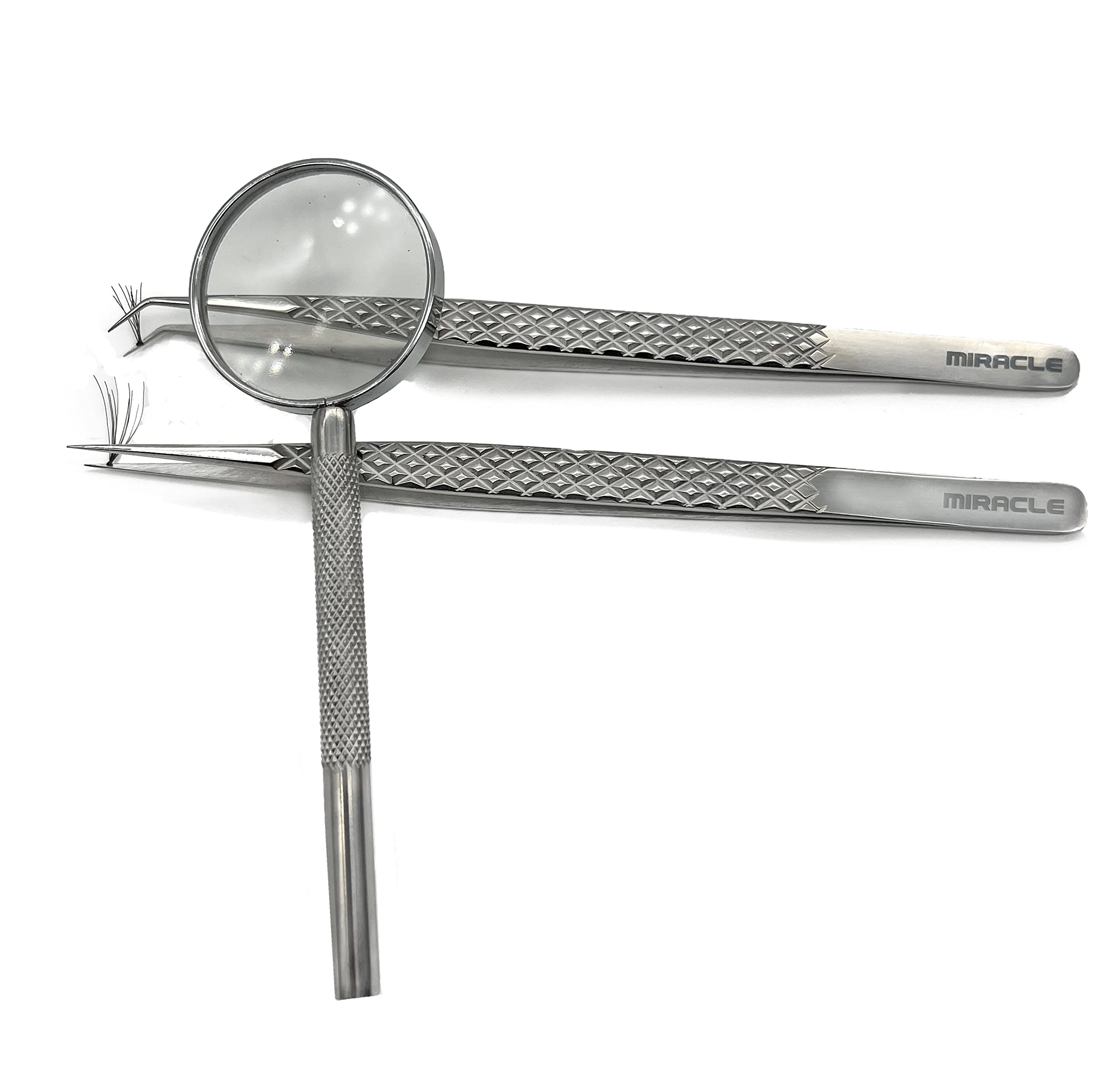 Professional Eyelash Tweezers Set with Magnifier Glass – Premium Stainless Steel Straight & Curved Precision Tip Tweezers for Lash Extensions, False Eyelashes & Eyebrow Shaping | Perfect for Salon Professionals & DIY Beauty Enthusiasts | MIRACLE Beauty Tools