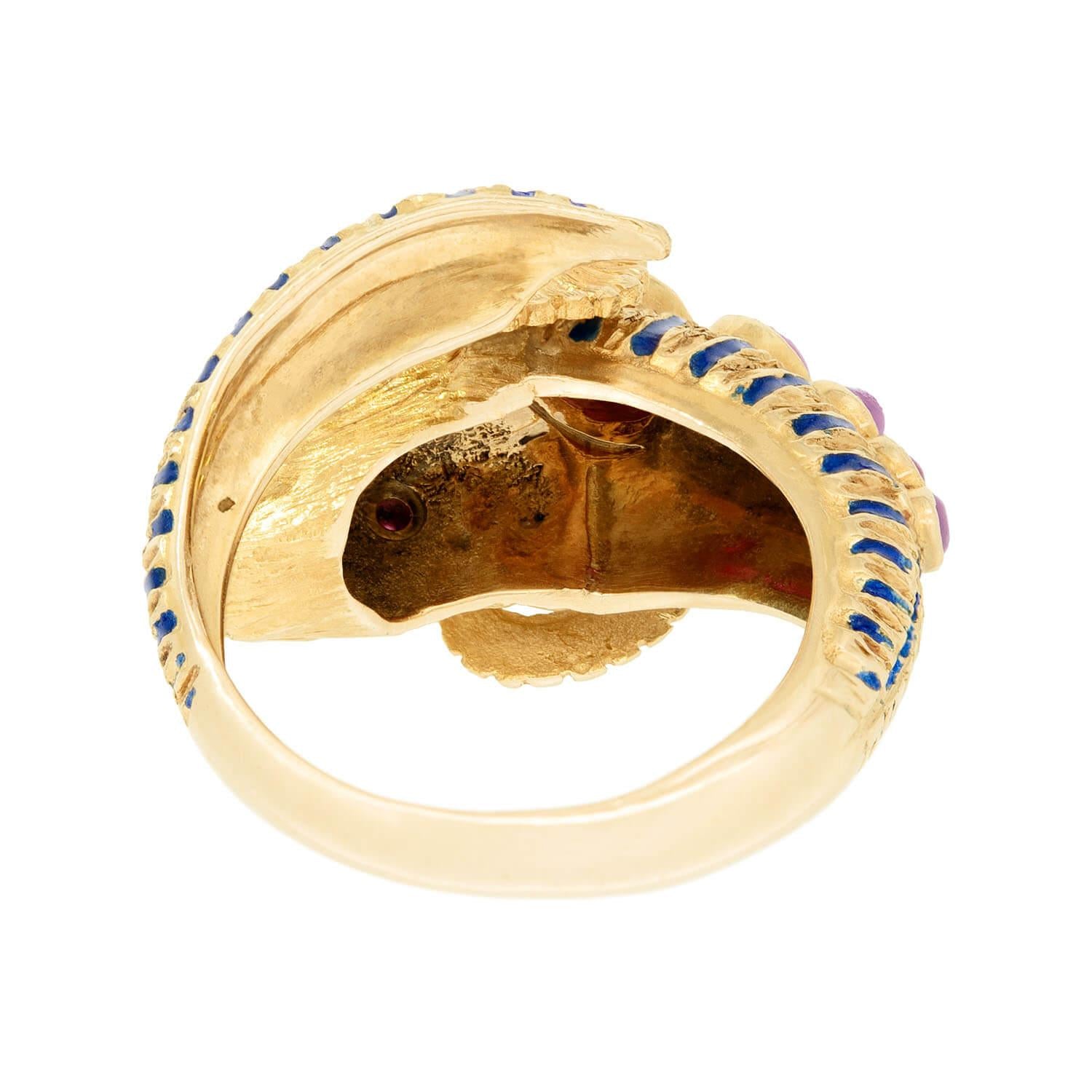 18K Gold Greek Estate Ruby & Enamel Ram's Head Ring - Vintage Jewelry for Women, Unique Statement Piece for Parties & Special Occasions