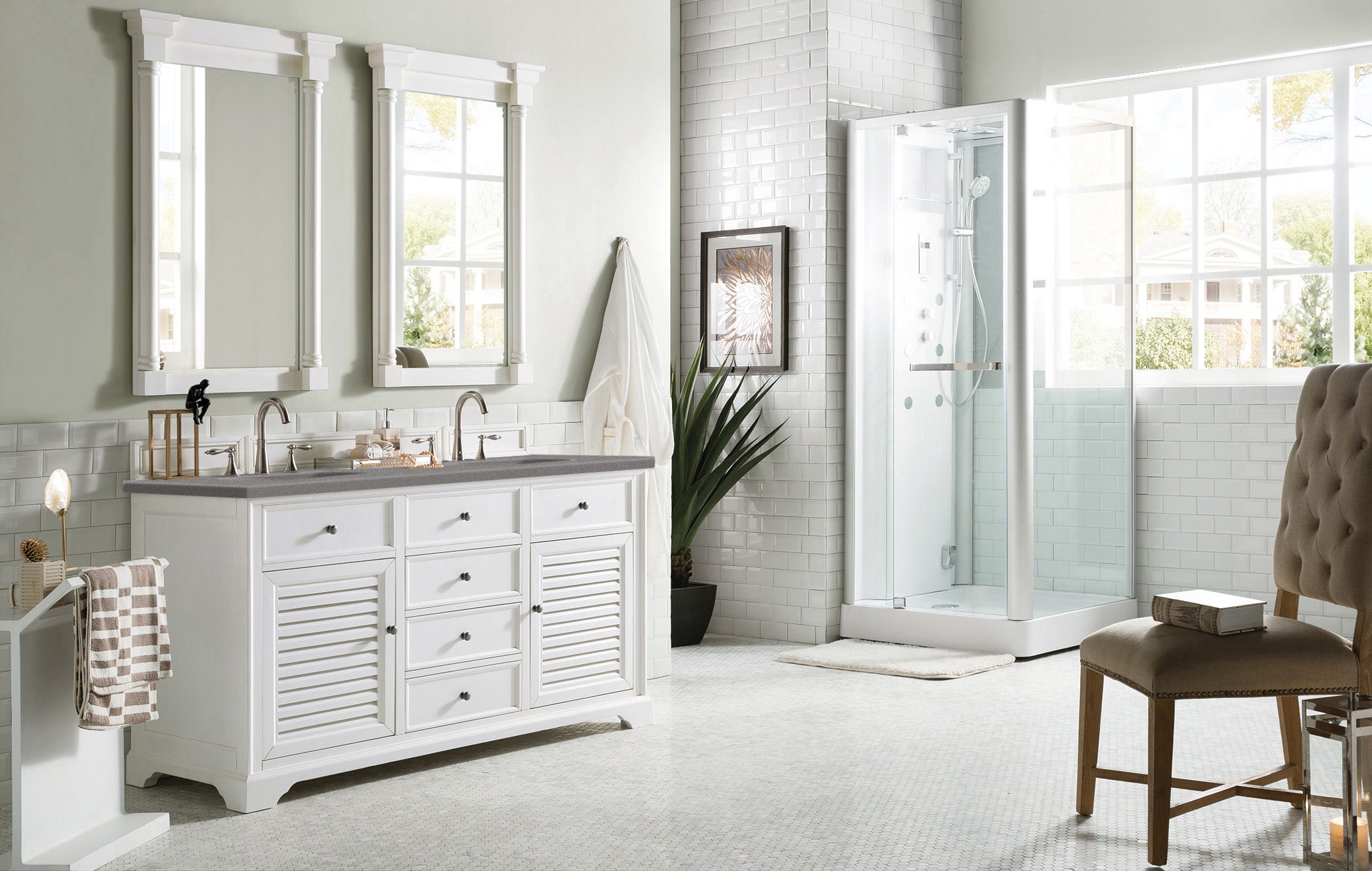 Savannah 60-Inch Double Vanity Cabinet with 3CM Grey Expo Quartz Top - Bright White Bathroom Vanity for Modern Master Bath & Guest Bathroom