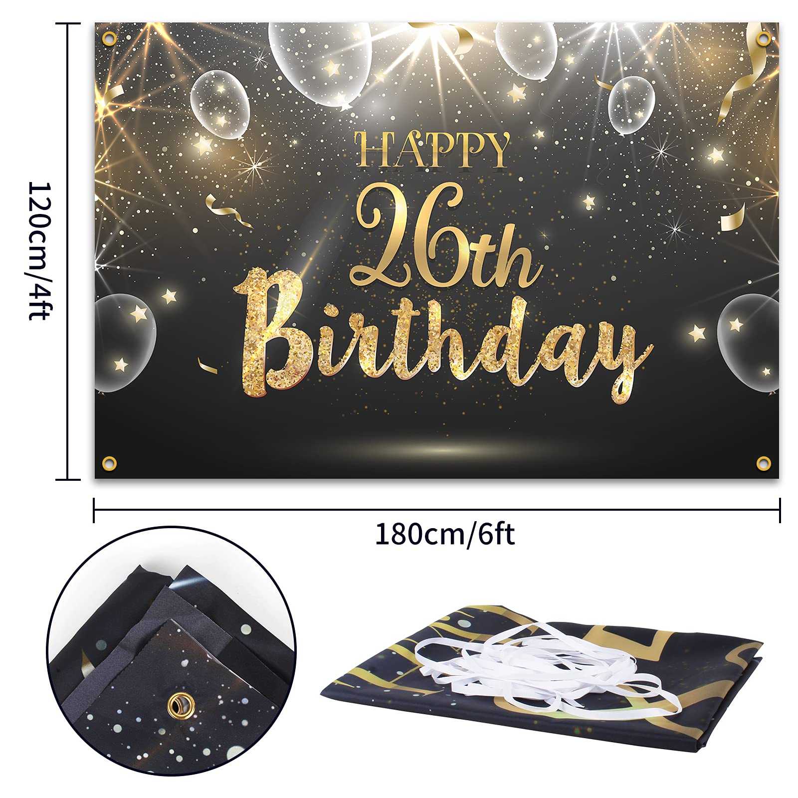 Happy 26th Birthday Glitter Banner Backdrop - 6x4ft Black Gold Shining Party Decor for Women & Men | Perfect for Birthday Celebrations, Photo Booths & Anniversary Parties
