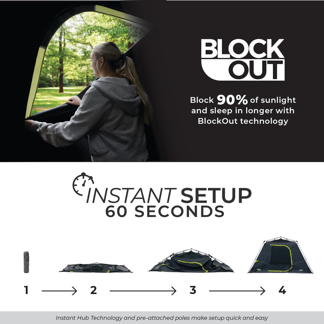 Instant Cabin Tent with Blackout Technology | Large Family Pop Up Dark Room Tent for Easy Camp Setup | Includes Storage Pockets | Perfect for Outdoor Camping, Hiking, and Backyard Adventures