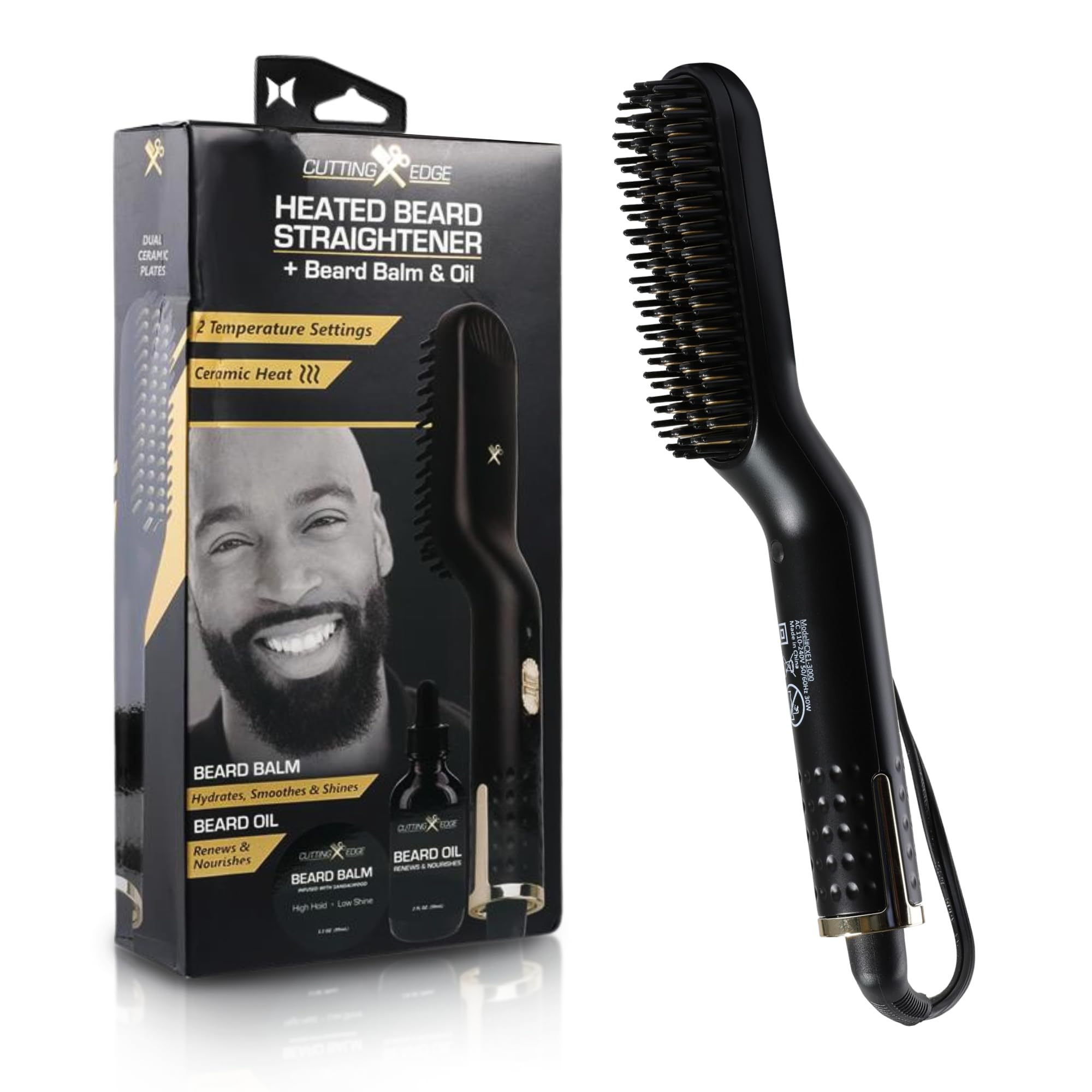 Professional Heated Beard Straightener Brush for Men with Ceramic Plates & Auto Shutoff - Includes Beard Oil & Balm Kit - Perfect for Styling, Taming & Smoothing Facial Hair at Home or Travel