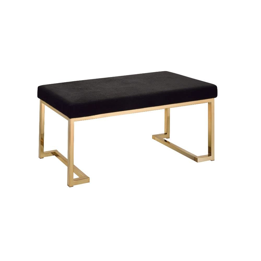 Modern Black Padded Rectangular Bench with Champagne Metal Legs - Stylish Entryway Seating, Bedroom Footrest, or Living Room Ottoman