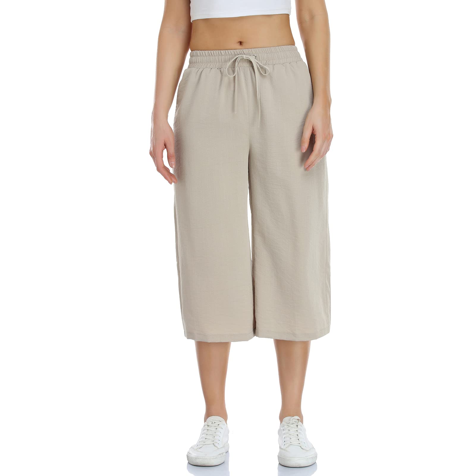 PEIQI Women's Linen Flowy Pants - High Waisted Wide Leg Drawstring Cropped Casual Pants with Pockets | Perfect for Summer, Beach, Yoga & Boho Style Outfits