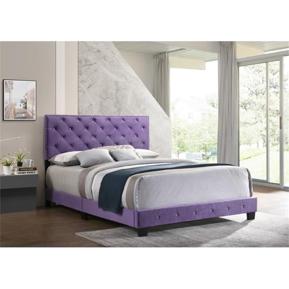 Glory Furniture Suffolk Velvet Upholstered Queen Bed Frame in Royal Purple - Luxurious Bedroom Centerpiece for Master Suite or Guest Room
