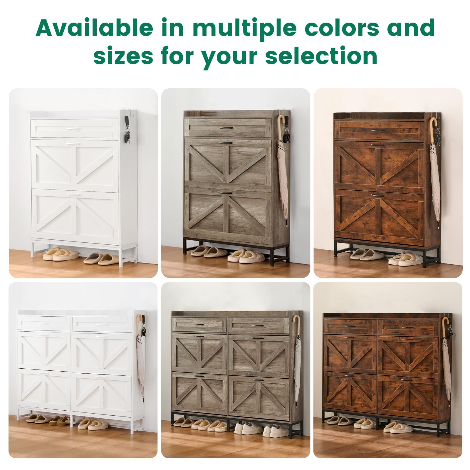 Farmhouse Shoe Cabinet with 4 Flip Drawers & 2 Storage Compartments - Free Standing Entryway Shoe Organizer with Metal Legs in Light Rustic Oak Finish | Perfect for Small Spaces, Mudrooms, and Closet Organization