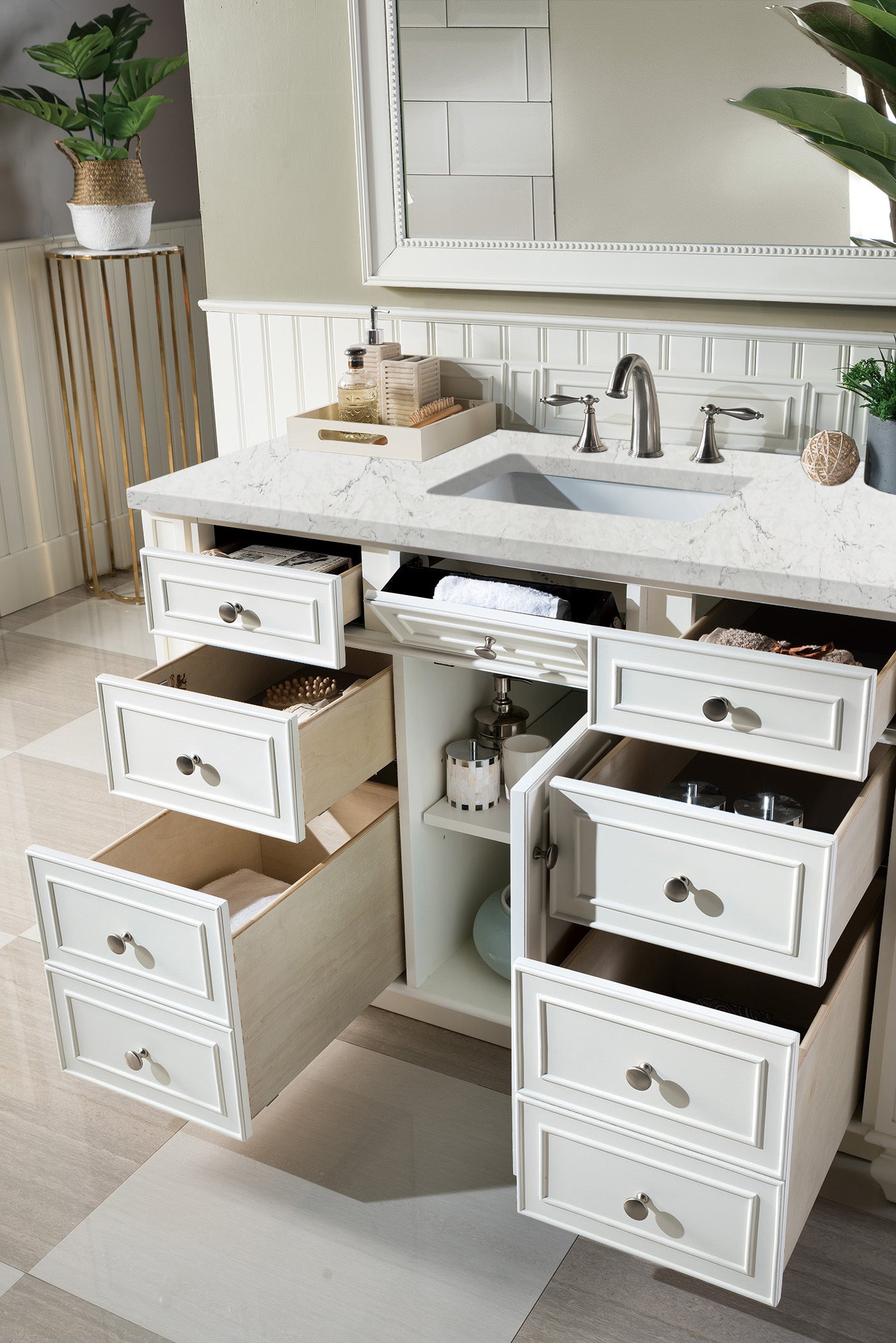 Bristol 48 Inch Single Bathroom Vanity Set with Bright White Finish & 3CM Eternal Jasmine Pearl Quartz Countertop - Perfect for Modern Master Bathrooms and Guest Suites