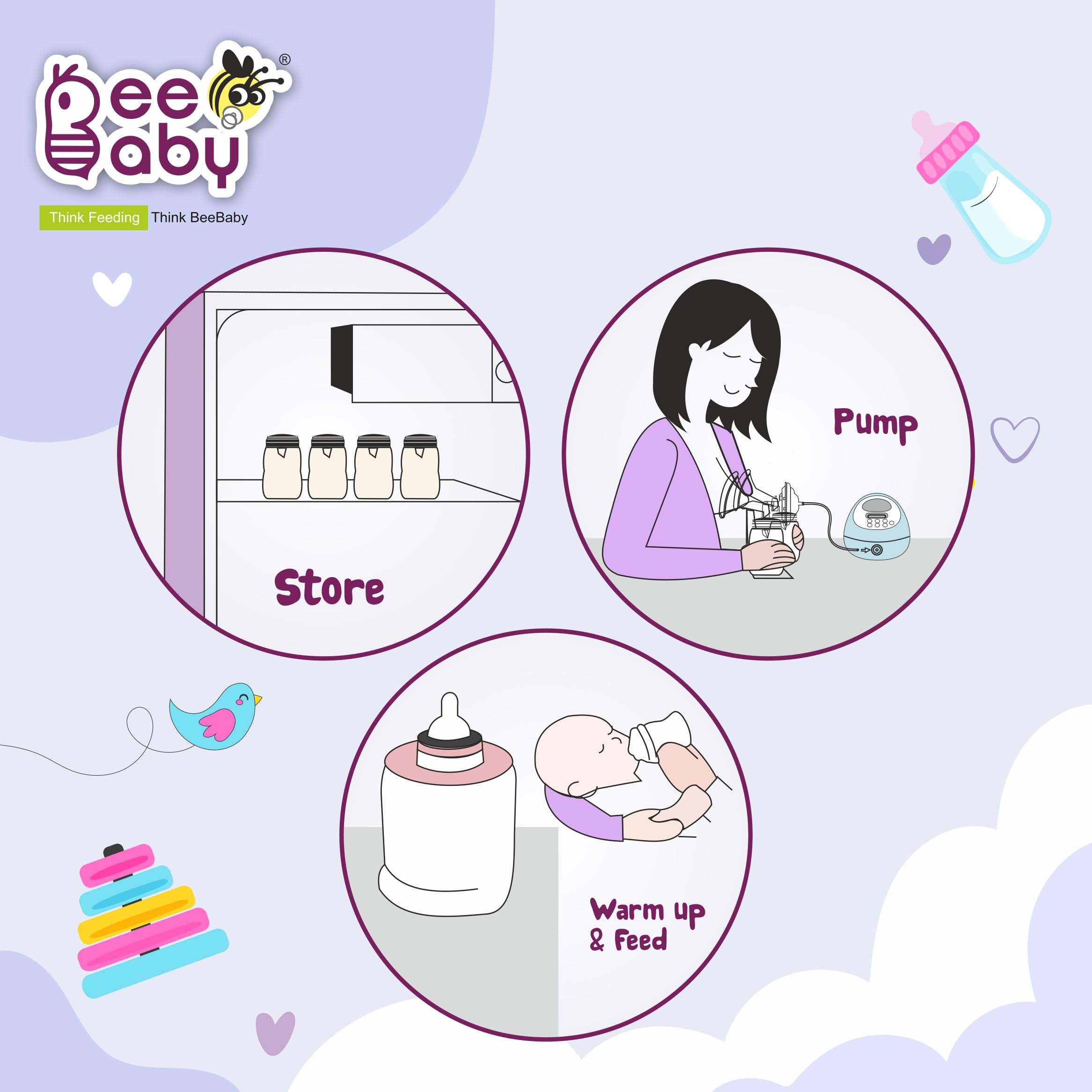 BeeBaby Pump N' Protect Breast Milk Storage Bottles - 3 Pack, BPA Free, 150ml/5oz, Fits Most Wide Neck Breast Pumps - Perfect for Pumping, Storing & Feeding On-the-Go