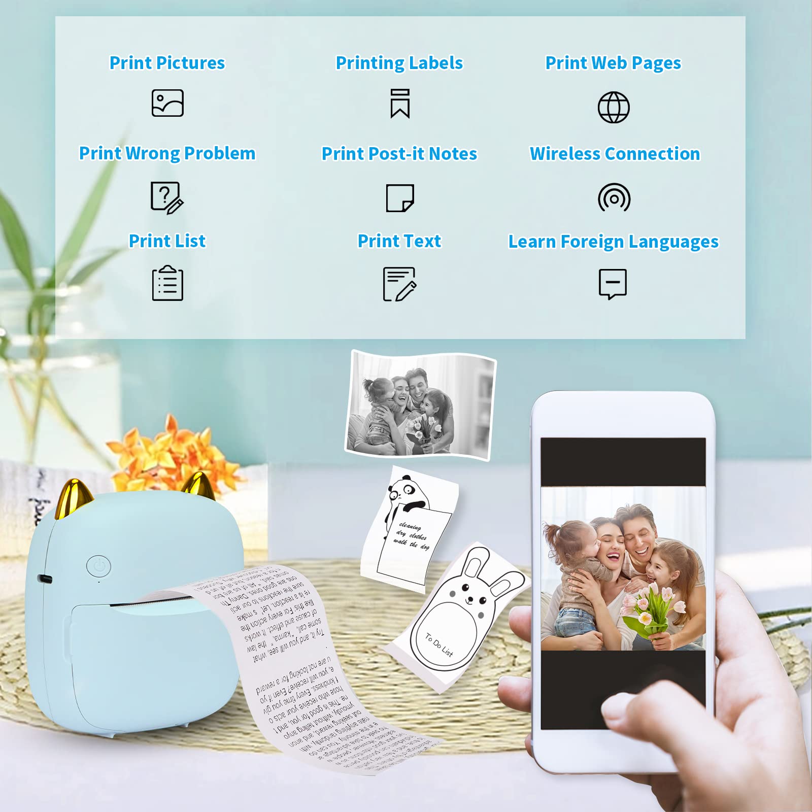HuiJuKeJi Mini Sticker Printer - Portable Bluetooth Thermal Printer for iOS & Android with RGB Light, 10 Rolls Thermal Paper & Sticker - Perfect for Photo Journaling, Notes, Memos & Receipt Printing at Home, Office or Travel