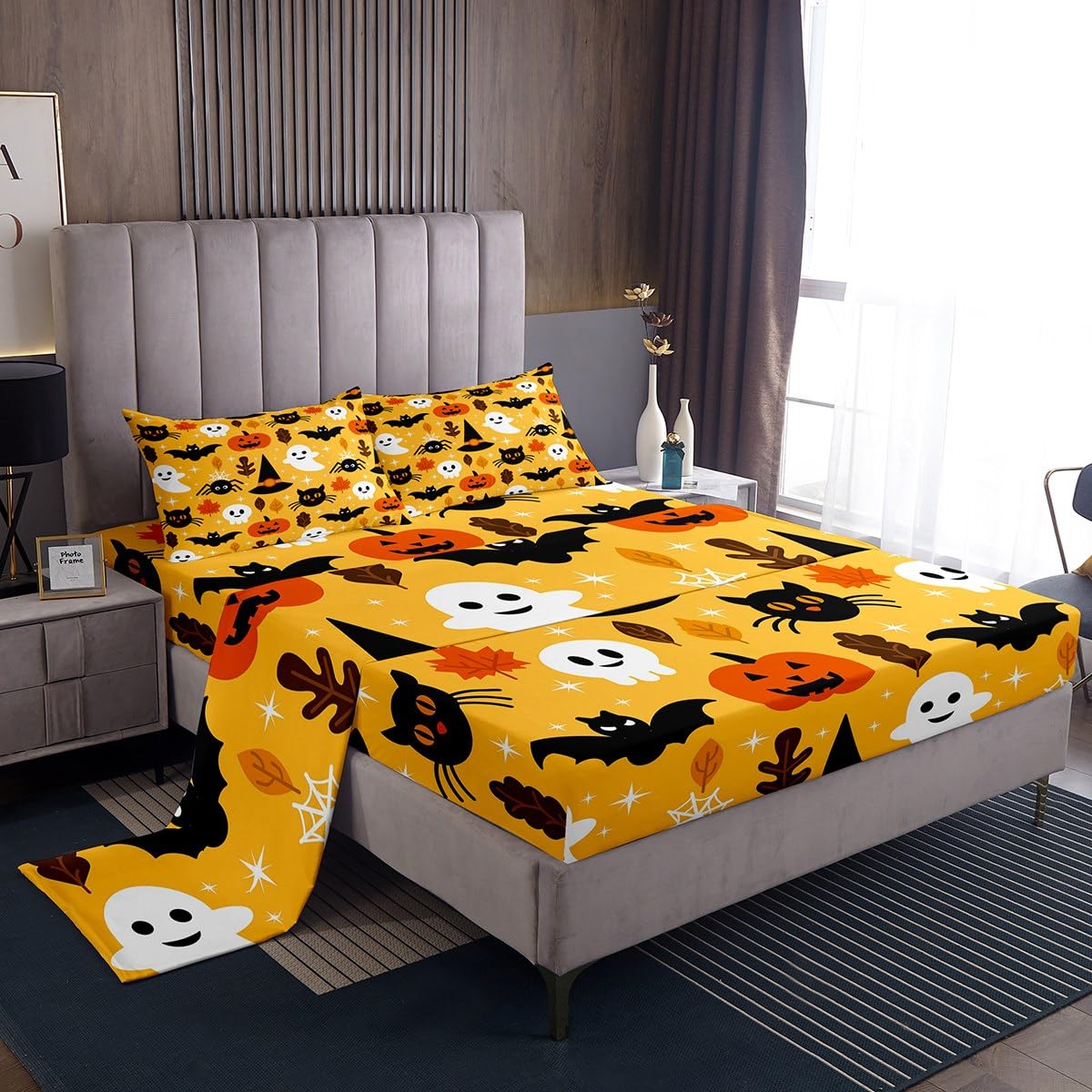 Erosebridal Halloween Bed Sheet Set - Full Size Cartoon Pumpkin & Lantern Print 4-Piece Bedding Set (Fitted Sheet, Flat Sheet, 2 Pillowcases) - Spooky Ghost Design for Kids Boys Girls - Perfect for Halloween Decor & Themed Bedrooms