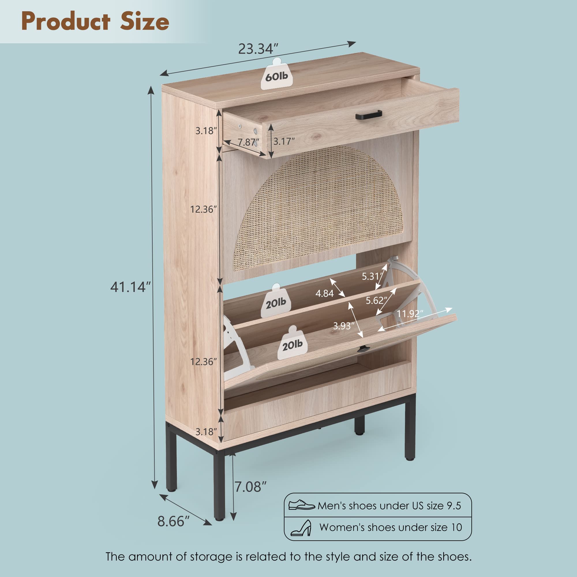 Brafab 2-Tier Shoe Storage Cabinet with Flip Drawers & Small Drawer - Slim Entryway Shoe Organizer with Woven Rattan Doors for Sneakers, Boots & Sandals - Perfect for Hallway, Closet & Bedroom Organization