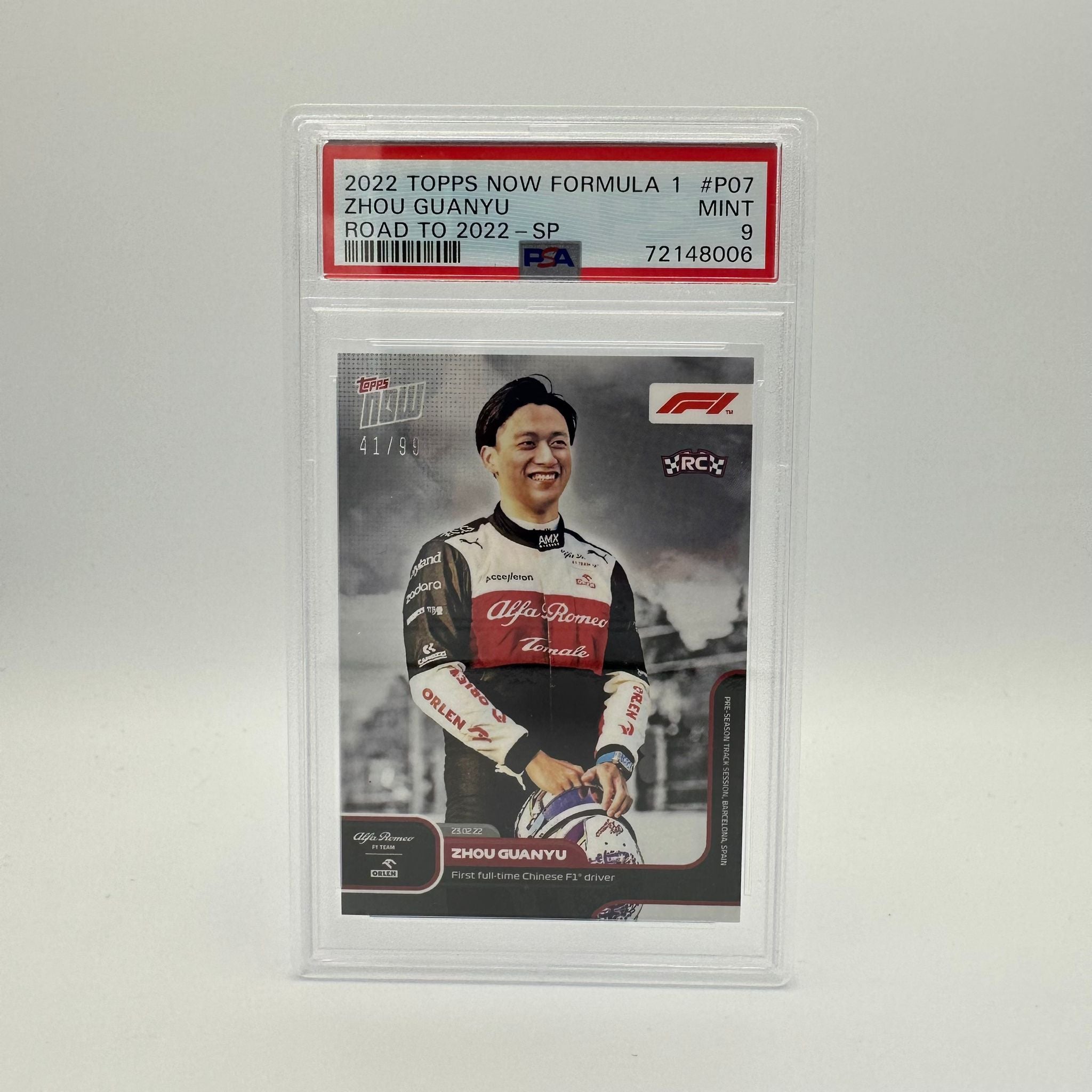 PSA 9 Graded 41/99 First Full-Time Chinese F1 Driver Zhou Guanyu #P07 - Rare Collectible for Motorsport Fans & F1 Memorabilia Enthusiasts