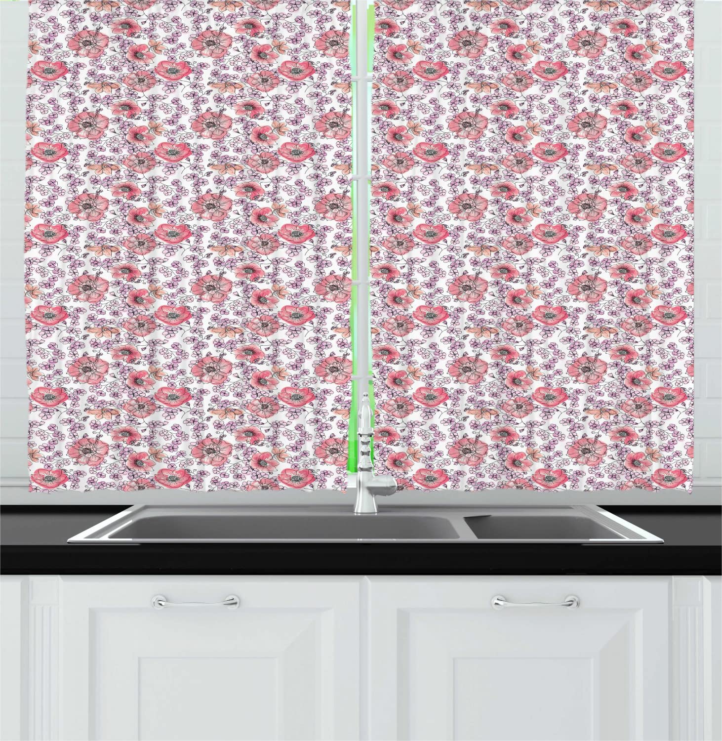 Ambesonne Floral Long Kitchen Curtains - Botanical Dream Pastel Flowers Watercolor Style, 2 Panel Drapes with Rod Pocket, 55x45 Inches, White Blush & Lilac - Perfect for Farmhouse, Cottage & Boho Home Decor