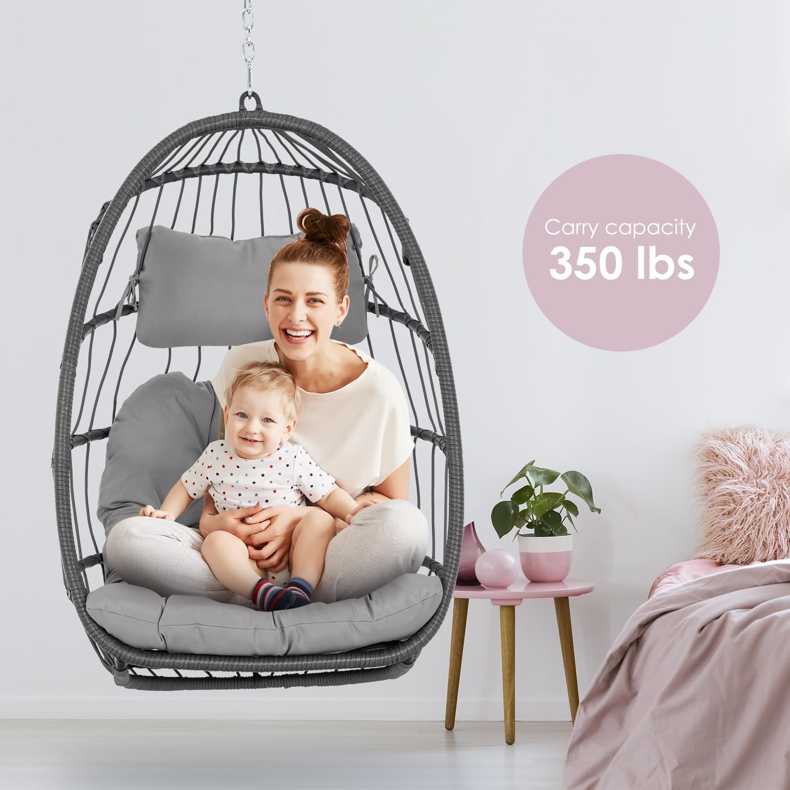 Foldable Hanging Egg Chair - Indoor/Outdoor Wicker Rattan Swing Chair with UV Resistant Cushions & Aluminum Frame - Hammock Chair for Bedroom, Patio, Camping, Garden Relaxation (Grey)
