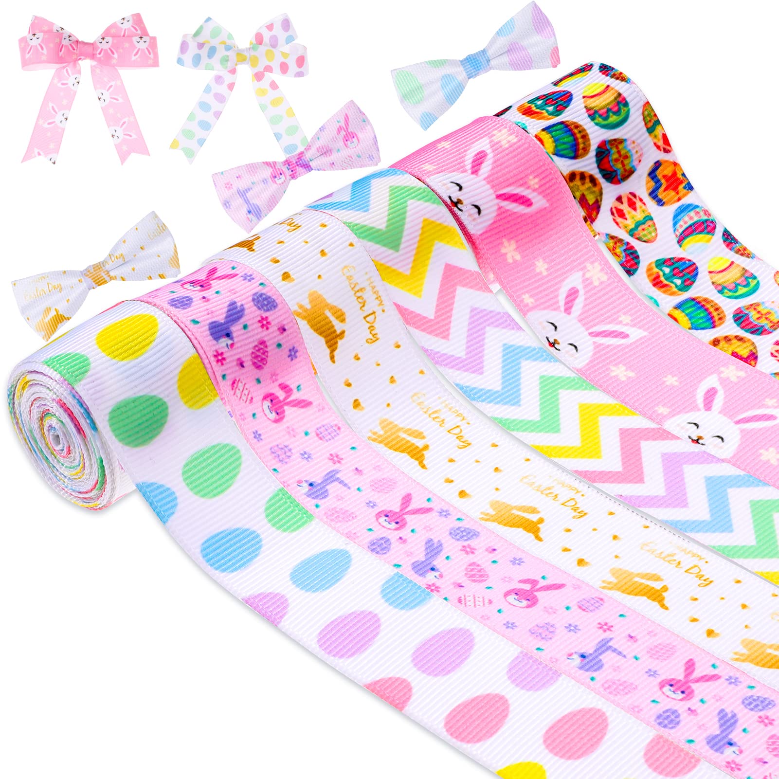 6 Rolls 12 Yards Easter Grosgrain Ribbon - Egg Bunny Floral Design for Spring Gift Wrapping, DIY Crafts, Hair Bows, Wreaths & Home Decor | Perfect for Easter Party Favors, Bouquets & Seasonal Decorations