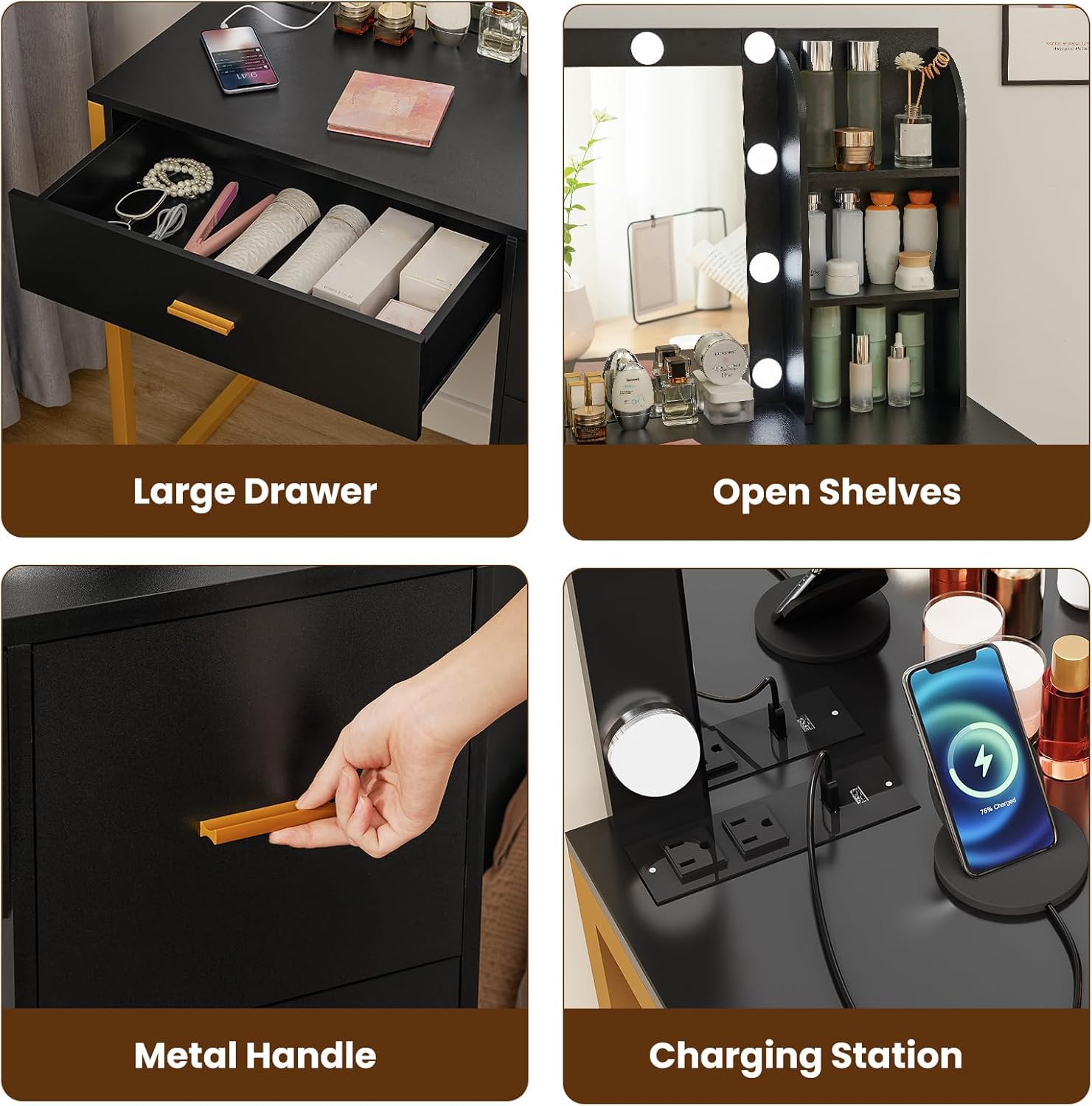 Elegant Makeup Vanity Desk with LED Lights & Mirror, 4 Drawers & USB Charging Station, Dressing Table with Open Storage Shelves & 3 Color Modes - Perfect for Bedroom, Home Salon & Beauty Room (Black)