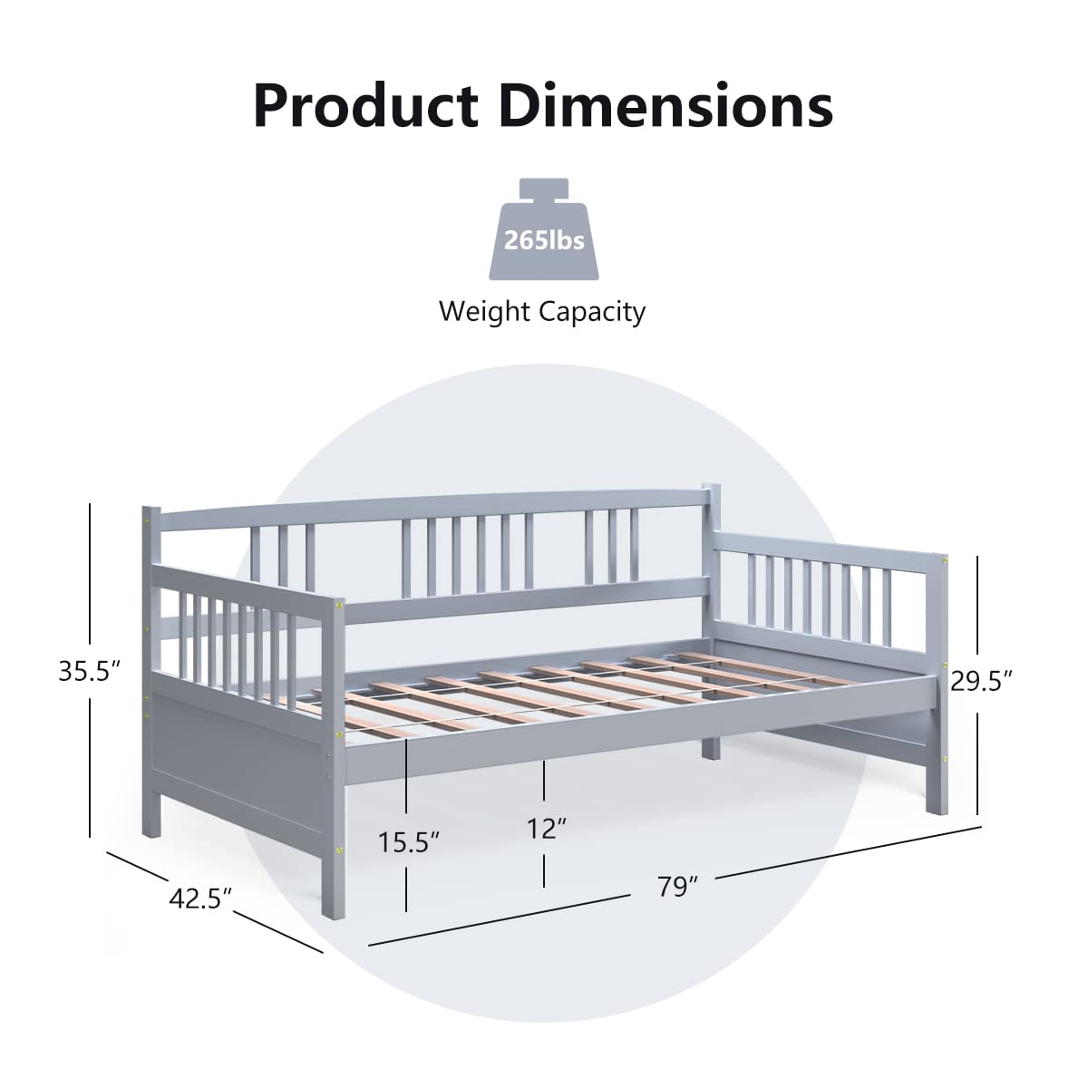 KOTEK Twin Daybed Frame with Rails - Solid Wood Sofa Bed for Guest Room, Living Room & Bedroom - Grey Platform Bed Frame for Small Spaces & Sleepovers
