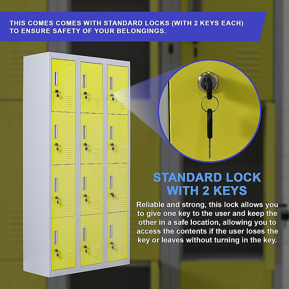 12-Door Locker for Office, Gym, Shed, School & Home Storage - Heavy Duty Standard Lock with 2 Keys - Perfect for Secure Personal Belongings & Equipment Storage