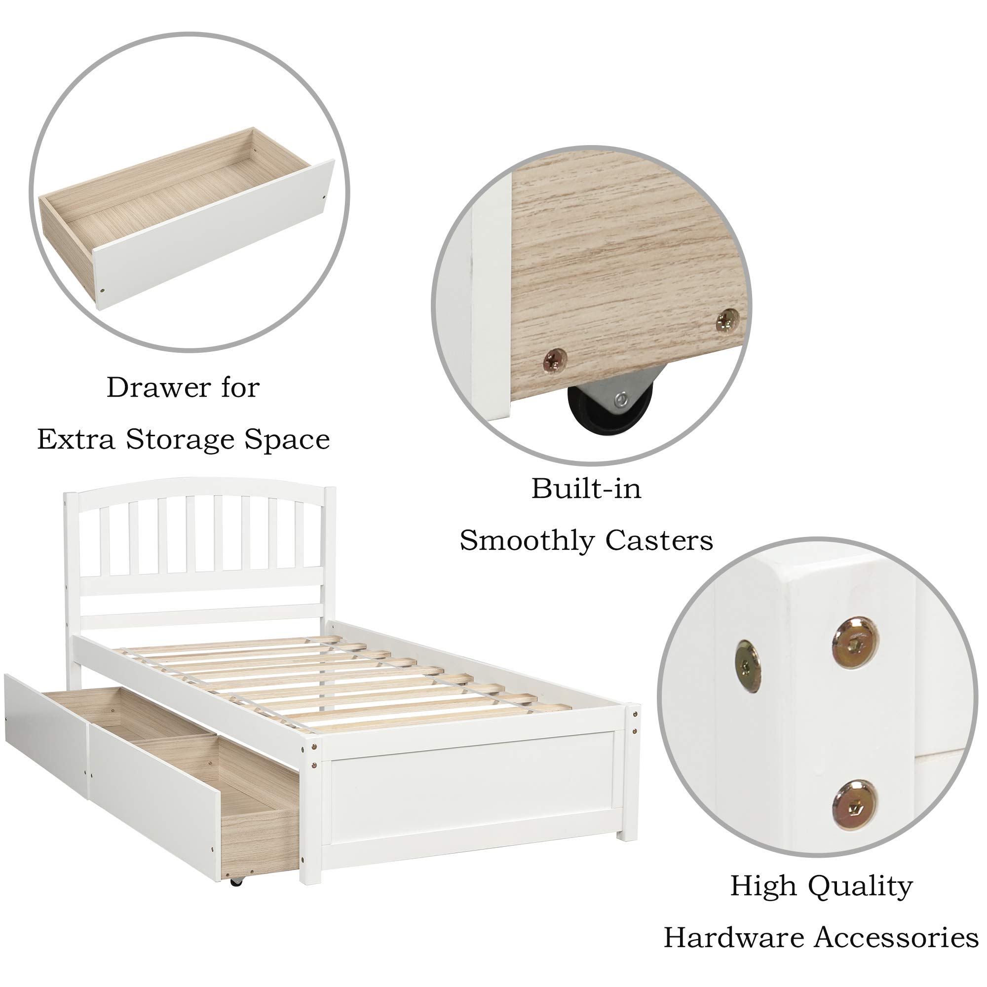 Merax Twin Size Wood Platform Bed Frame with Headboard & Storage Drawers - No Box Spring Needed, White - Perfect for Kids' Rooms, Guest Bedrooms & Small Spaces