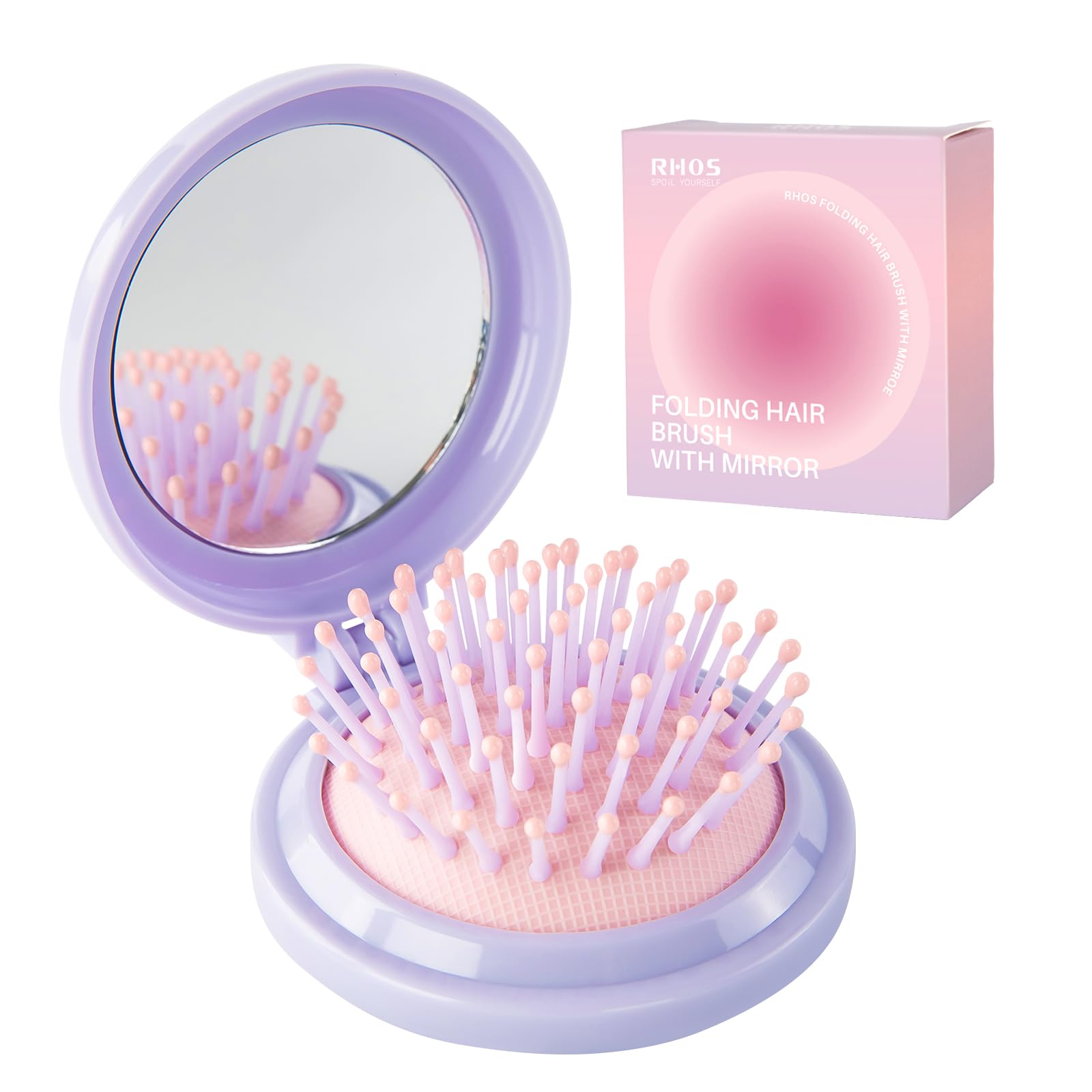 RHOS Compact Folding Hair Brush with Mirror for Women & Girls - Soft Nylon Bristles Travel Brush - Portable Mirror Comb for Purse, Gym Bag & On-the-Go Styling (Purple)
