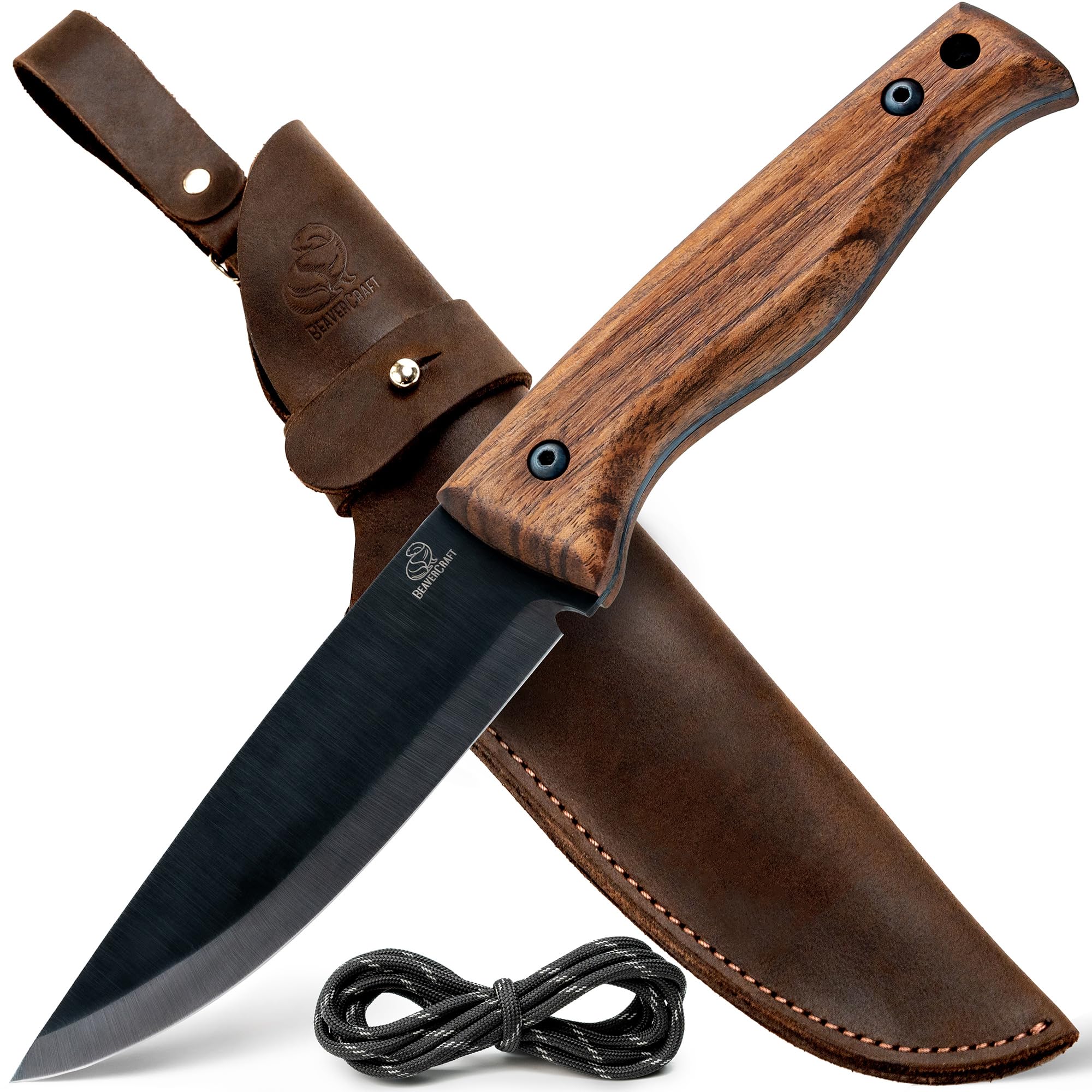BeaverCraft Full Tang Bushcraft Knife with Leather Sheath - Carbon Steel Fixed Blade Survival Knife for Camping, Hiking & Outdoor Adventures | BSH3 Nightfall | Perfect for Bushcraft, Hunting & Wilderness Survival