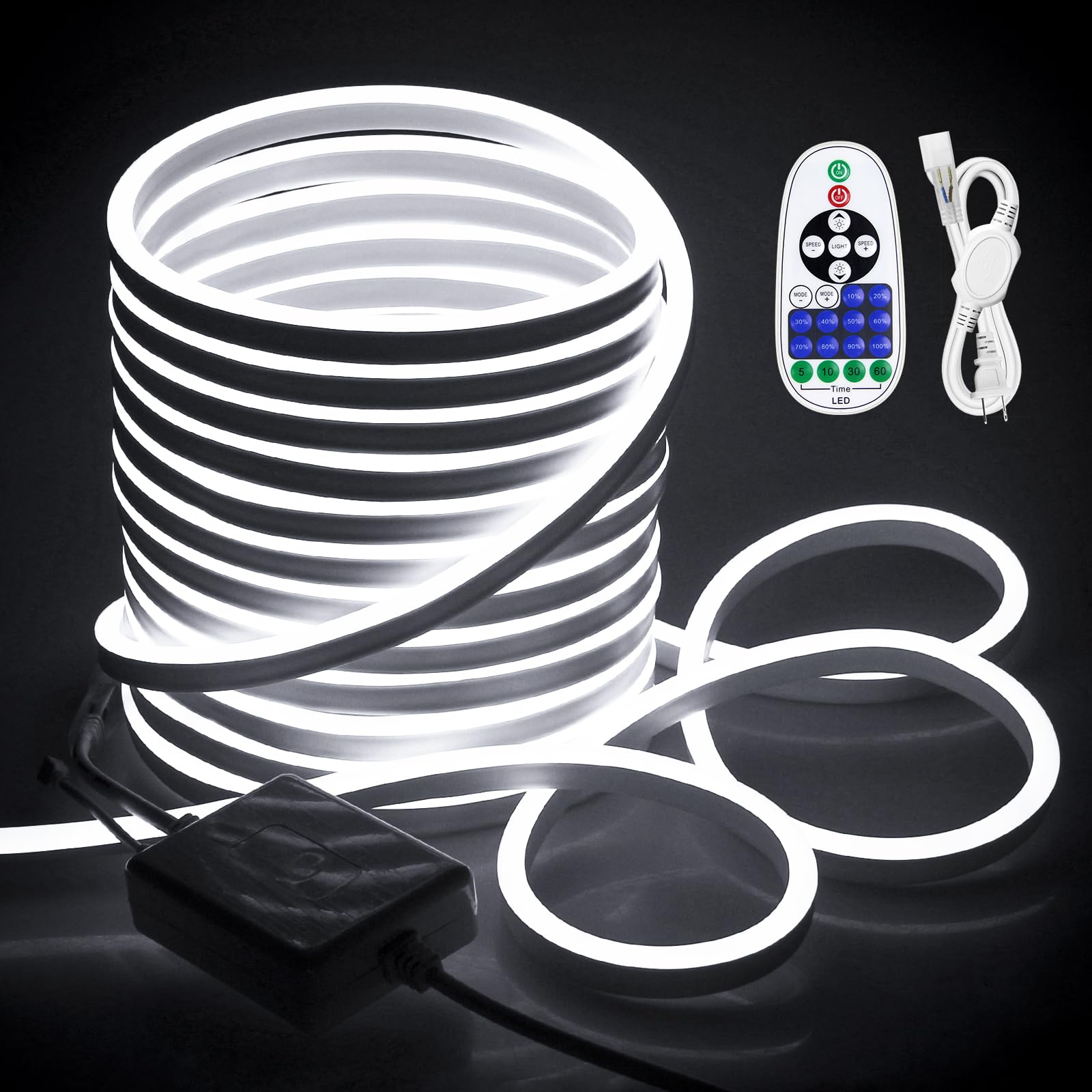 50FT LED Neon Rope Lights - Daylight White Waterproof Outdoor Dimmable Neon Strip with Remote, 120LEDs/M AC110V-130V for Bedroom, Indoor, Yard, Patio - Perfect for Party Decor, Wedding Lighting & Home Ambiance