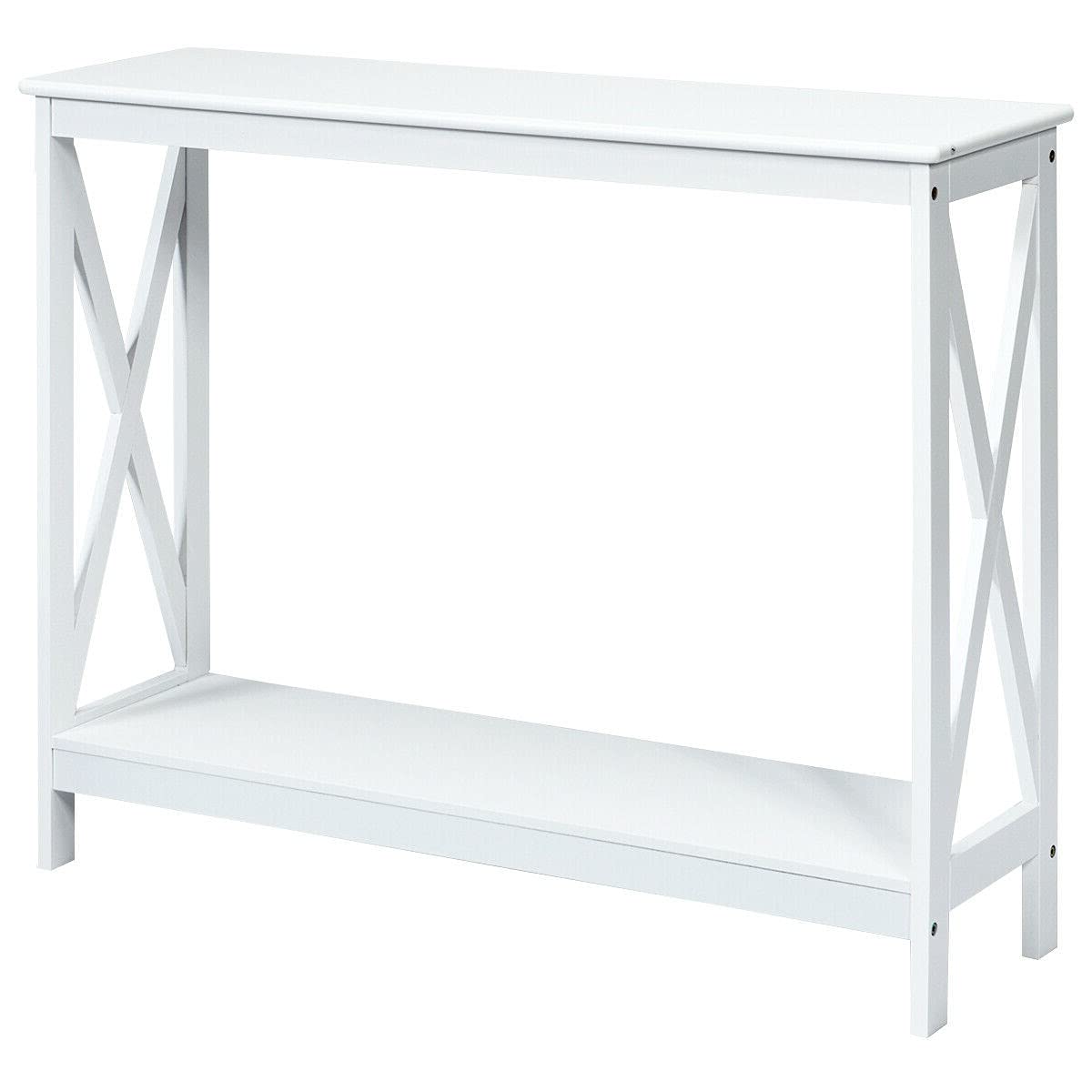 White X-Shaped 2-Tier Entryway Console Table - Modern Hallway Sofa Side Table with Bookshelf, Perfect for Displaying Books, Photo Frames, Toys & Plants | Ideal for Phone Chargers, Remotes & Keys | Living Room, Bedroom, Office Decor
