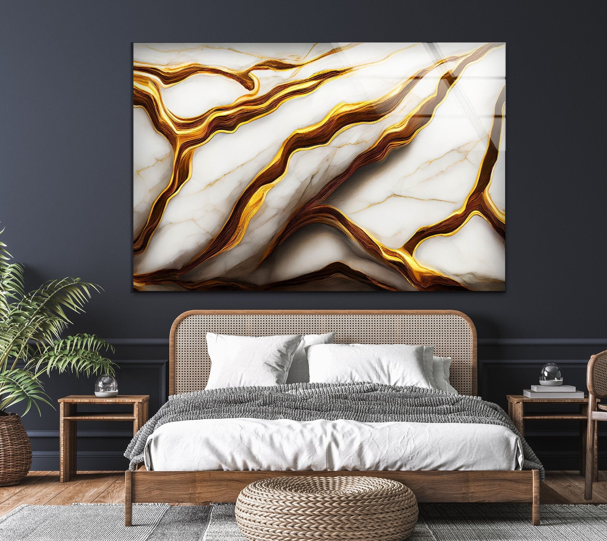 Abstract Golden Details Marble Glass Wall Art - Modern Home Decor for Living Room, Bedroom & Office | Elegant Handmade Glass Panel for Interior Design