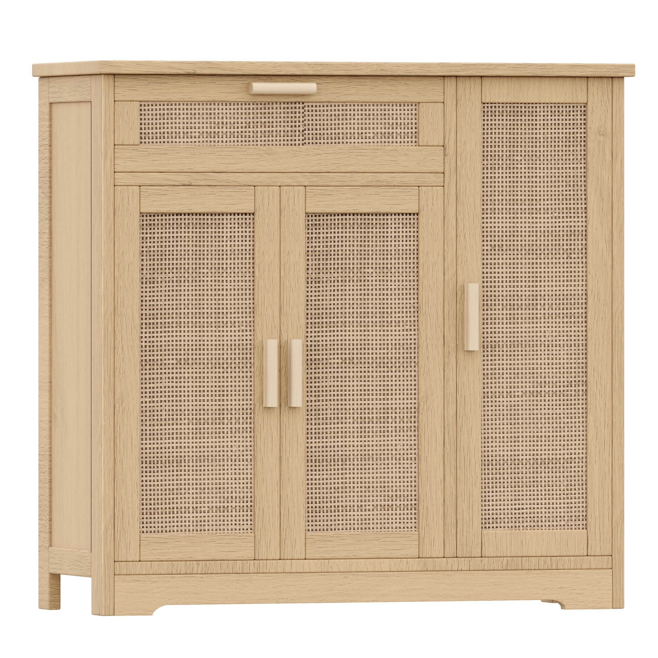 Rattan Sideboard Buffet Cabinet with 3 Doors & Drawers - Adjustable Shelf Floor Storage Cabinet for Kitchen, Living Room, Hallway - Natural Wood TV Stand, Dining Room Furniture, Home Decor (KES001MCWG)